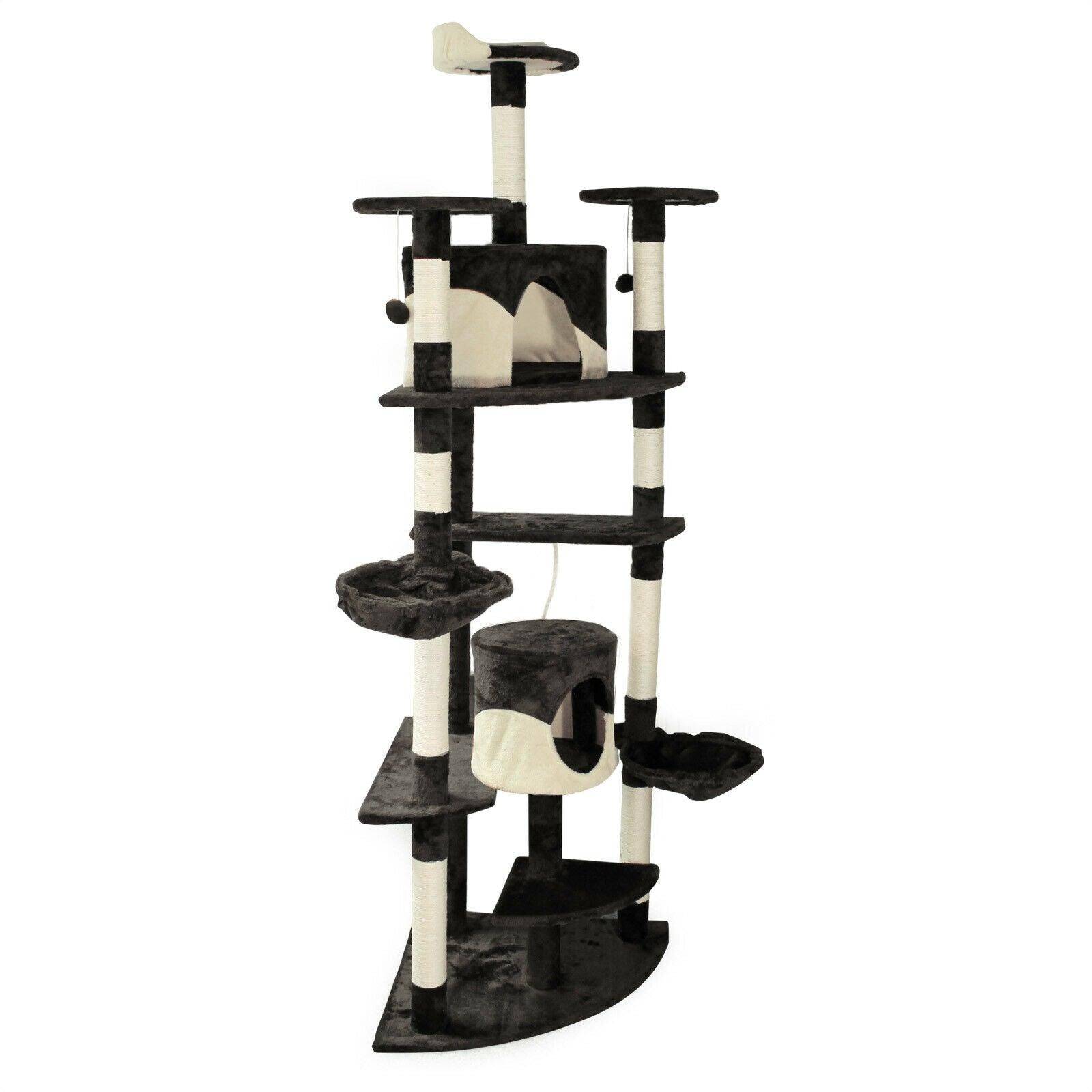 Arbre à chat d‘angle plateforme d‘observation jeux griffoir sisal 210 cm noir et blanc - Image 1