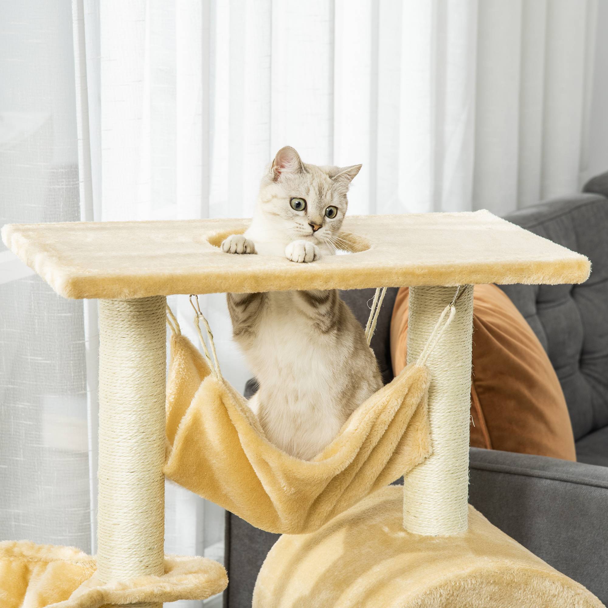 Arbre à chat multiligne avec hamac et maisonnette, cordes sisal naturel, 55×30×100cm - Image 10