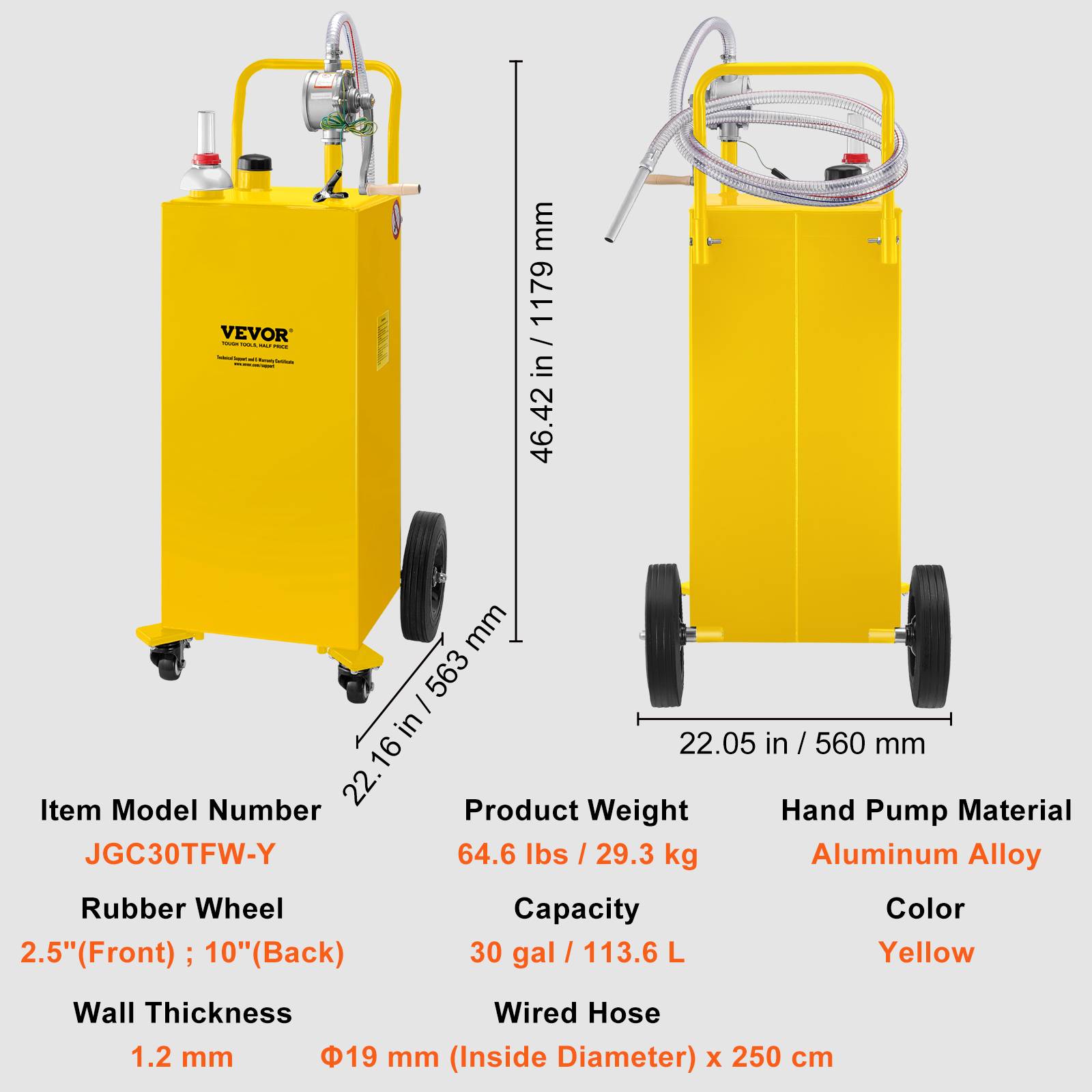 Vevor - VEVOR Chariot carburant 30 gallons, 4 roues, pompe manuelle, jaune. - Image 7