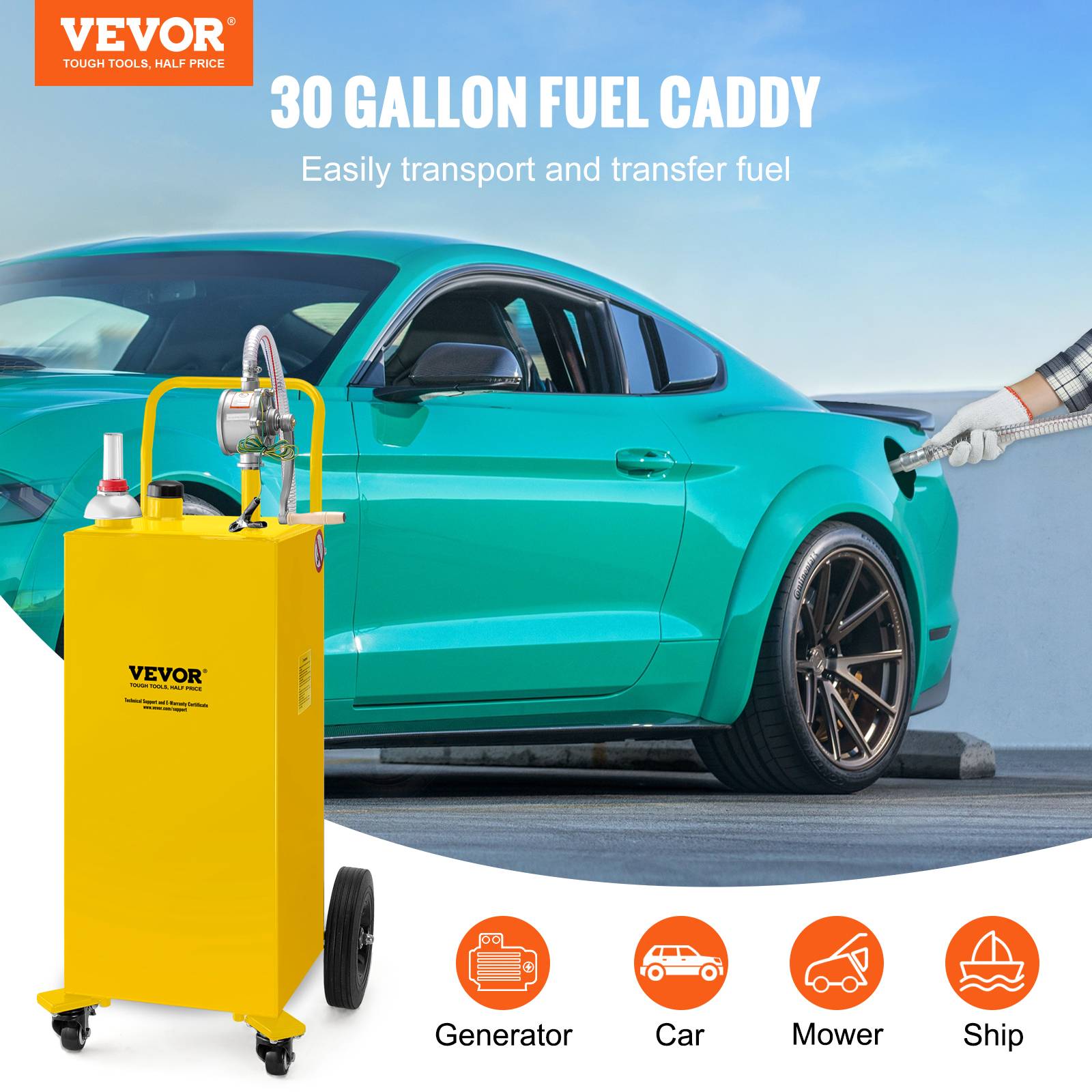 Vevor - VEVOR Chariot carburant 30 gallons, 4 roues, pompe manuelle, jaune. - Image 2