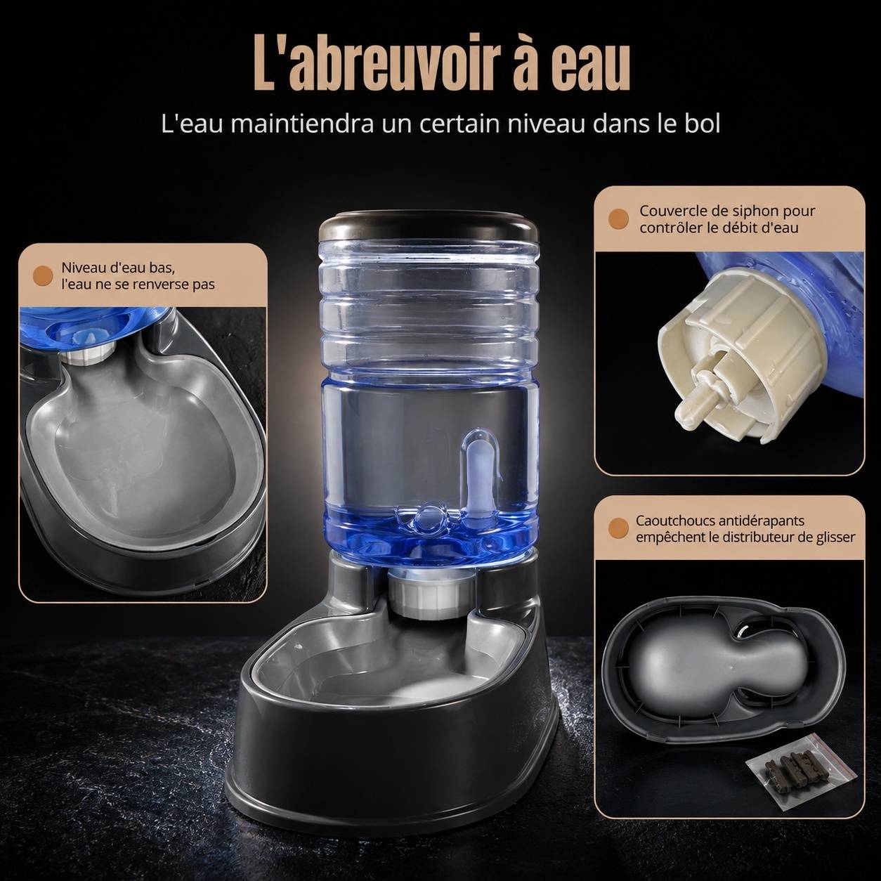 Distributeur Automatique Nourriture Eau Animaux Compagnie Petite Moyenne Taille 3.8L Gris - Image 5