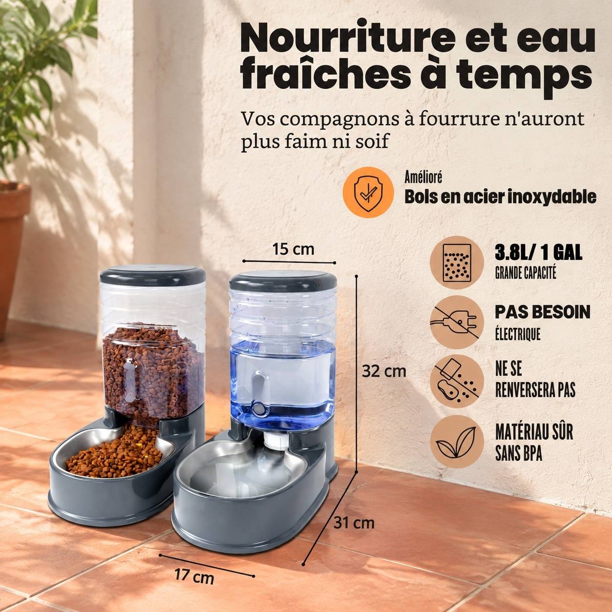 Distributeur Automatique Nourriture Eau Animaux Compagnie Petite Moyenne Taille 3.8L Gris - Image 2