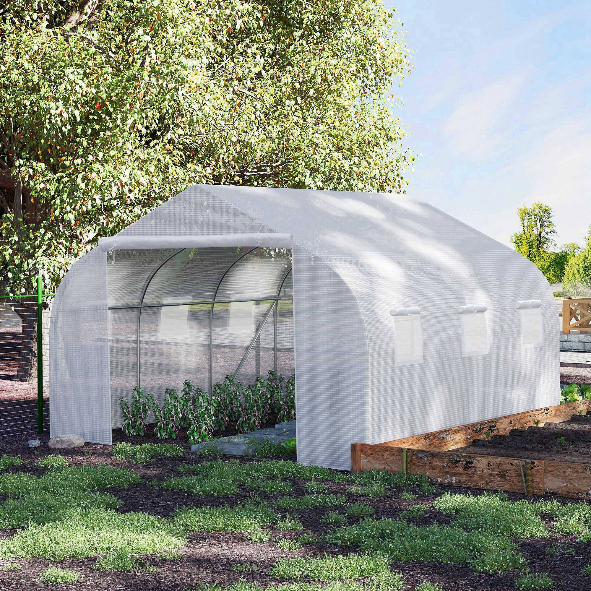 Serre tunnel de jardin 3,5 x 3 x 2 m avec 6 fenêtres et bâche en polyéthylène PE 140 g/m² blanche - Image 4