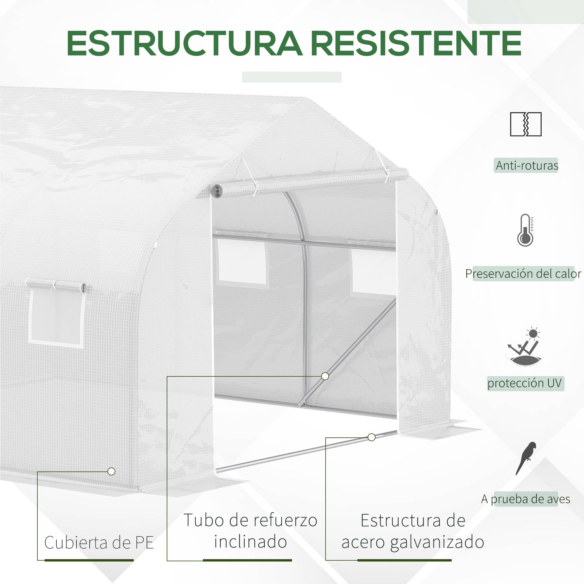 Serre tunnel de jardin 3,5 x 3 x 2 m avec 6 fenêtres et bâche en polyéthylène PE 140 g/m² blanche - Image 6
