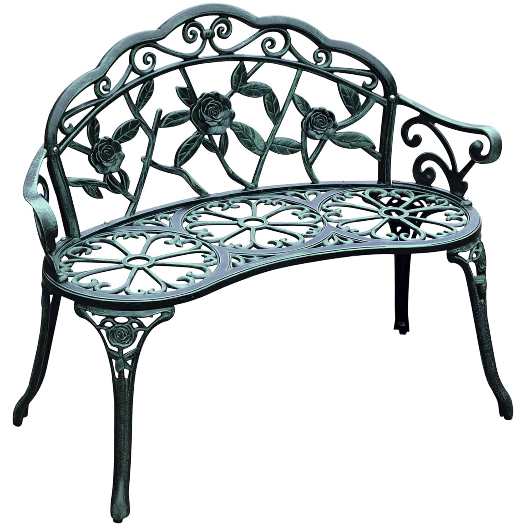 Banc de Jardin 2 Places Style néo-rétro Motif Rose Lignes fuselées 100L x 54l x 78H cm Fonte d'aluminium Vert - Image 1