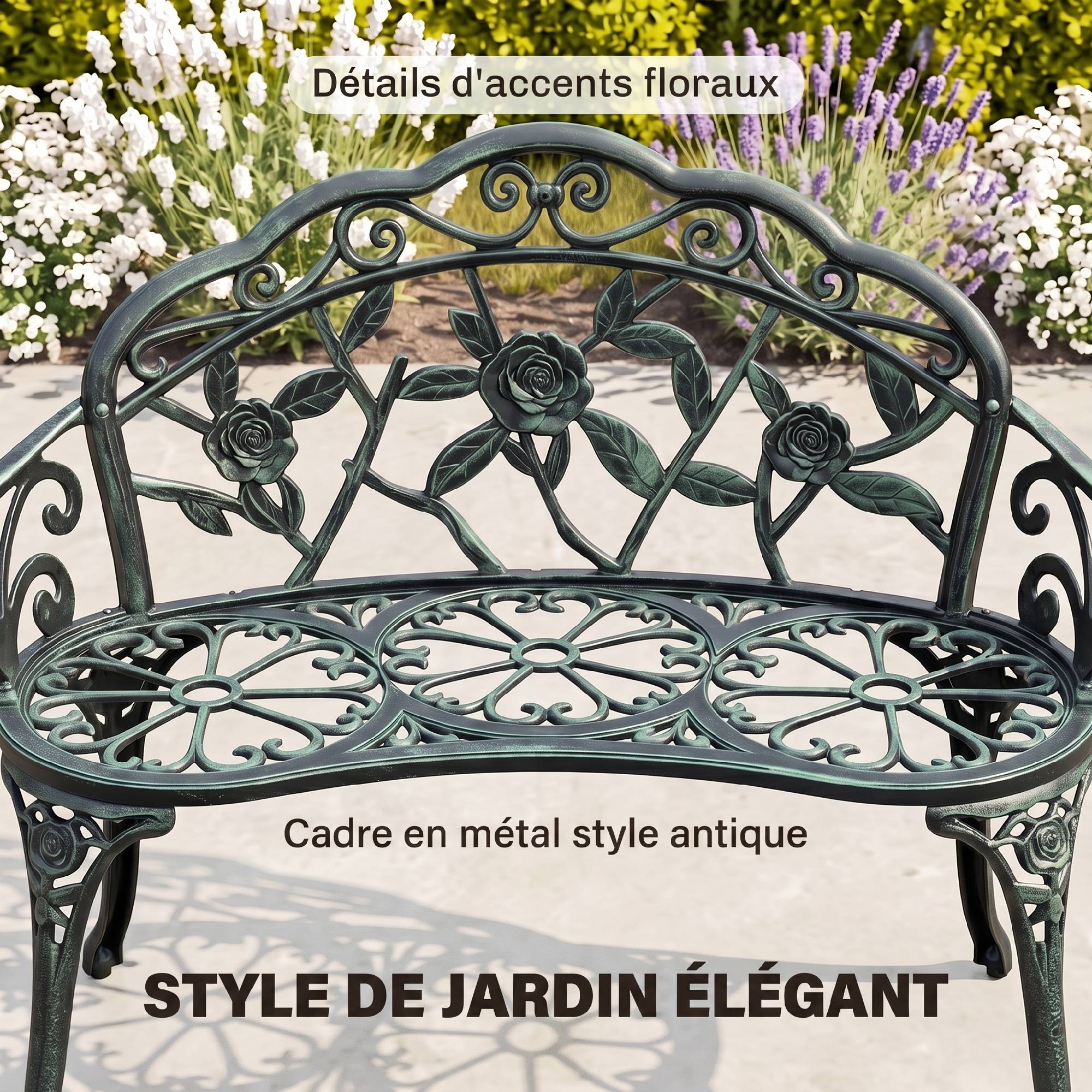 Banc de Jardin 2 Places Style néo-rétro Motif Rose Lignes fuselées 100L x 54l x 78H cm Fonte d'aluminium Vert - Image 6