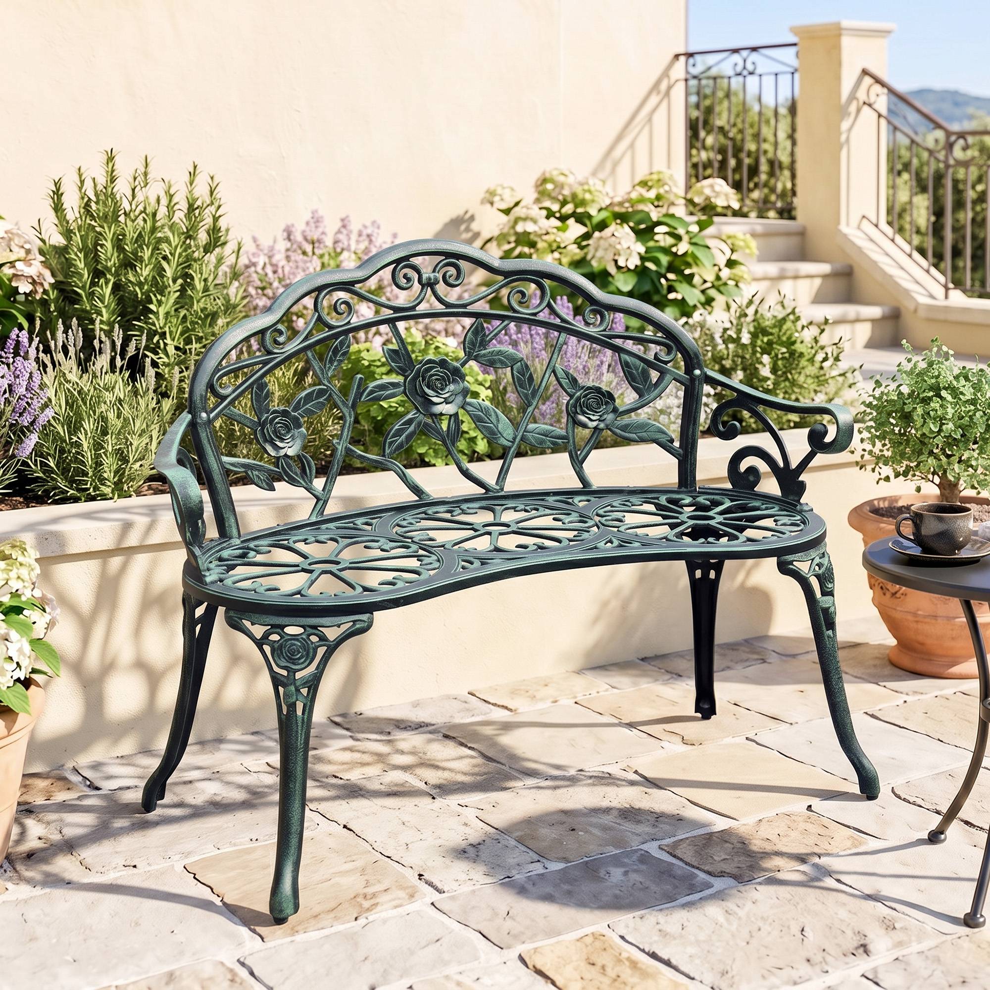 Banc de Jardin 2 Places Style néo-rétro Motif Rose Lignes fuselées 100L x 54l x 78H cm Fonte d'aluminium Vert - Image 4