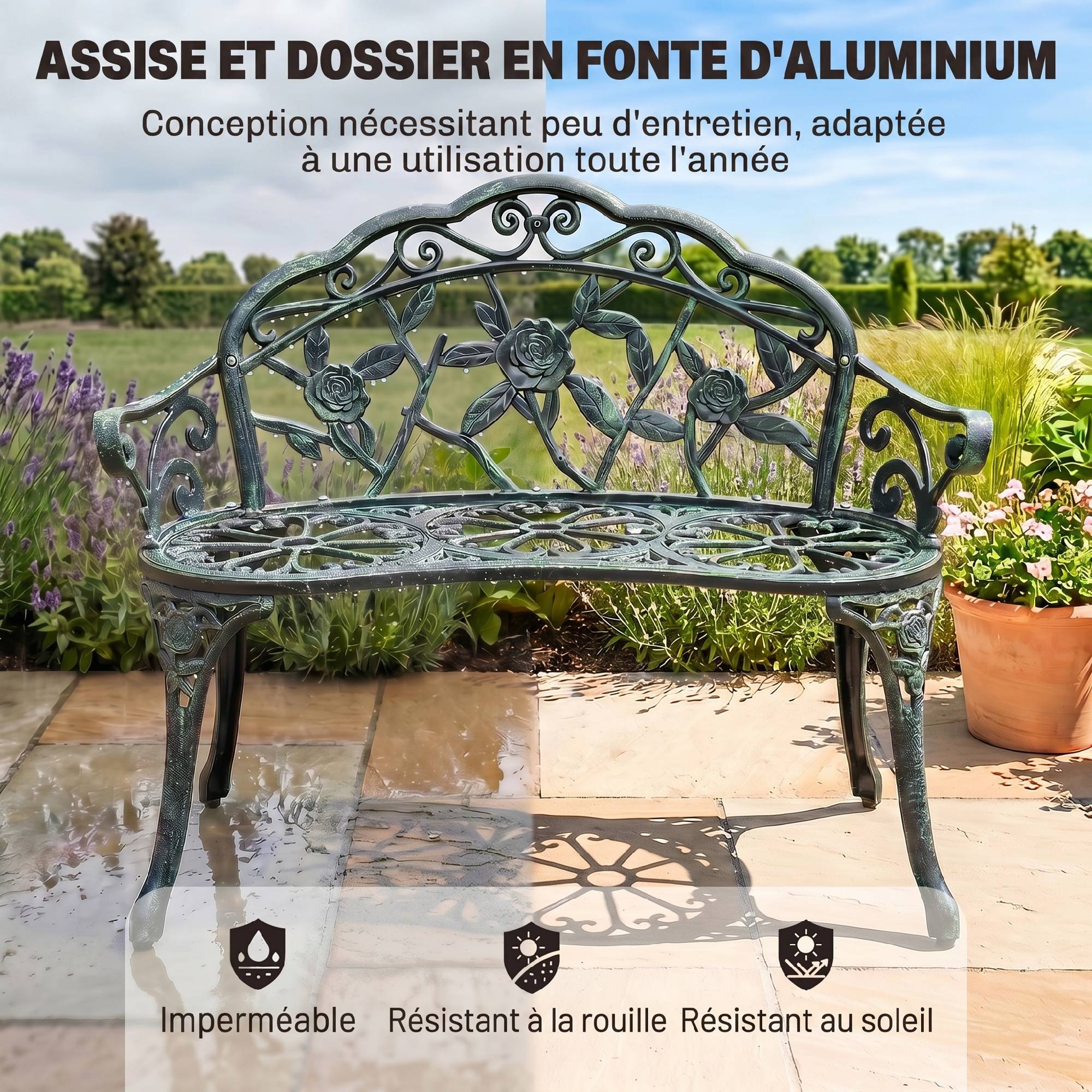 Banc de Jardin 2 Places Style néo-rétro Motif Rose Lignes fuselées 100L x 54l x 78H cm Fonte d'aluminium Vert - Image 7