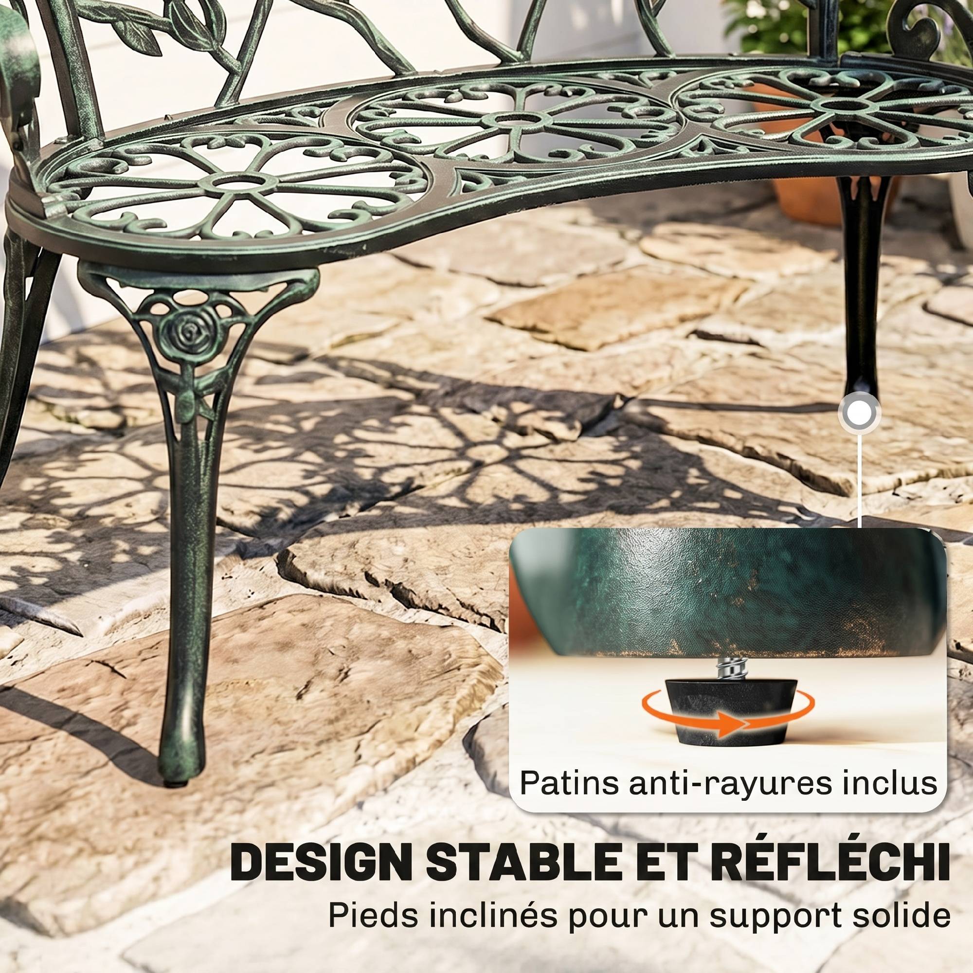 Banc de Jardin 2 Places Style néo-rétro Motif Rose Lignes fuselées 100L x 54l x 78H cm Fonte d'aluminium Vert - Image 9