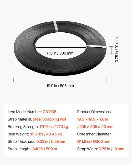 Vevor - VEVOR rouleau de cerclage en acier 19 mm x 0,55 mm x 500 m, résistance 770 kg, bobine robuste anti-rouille pour palettes et matériaux lourds. - Image 6
