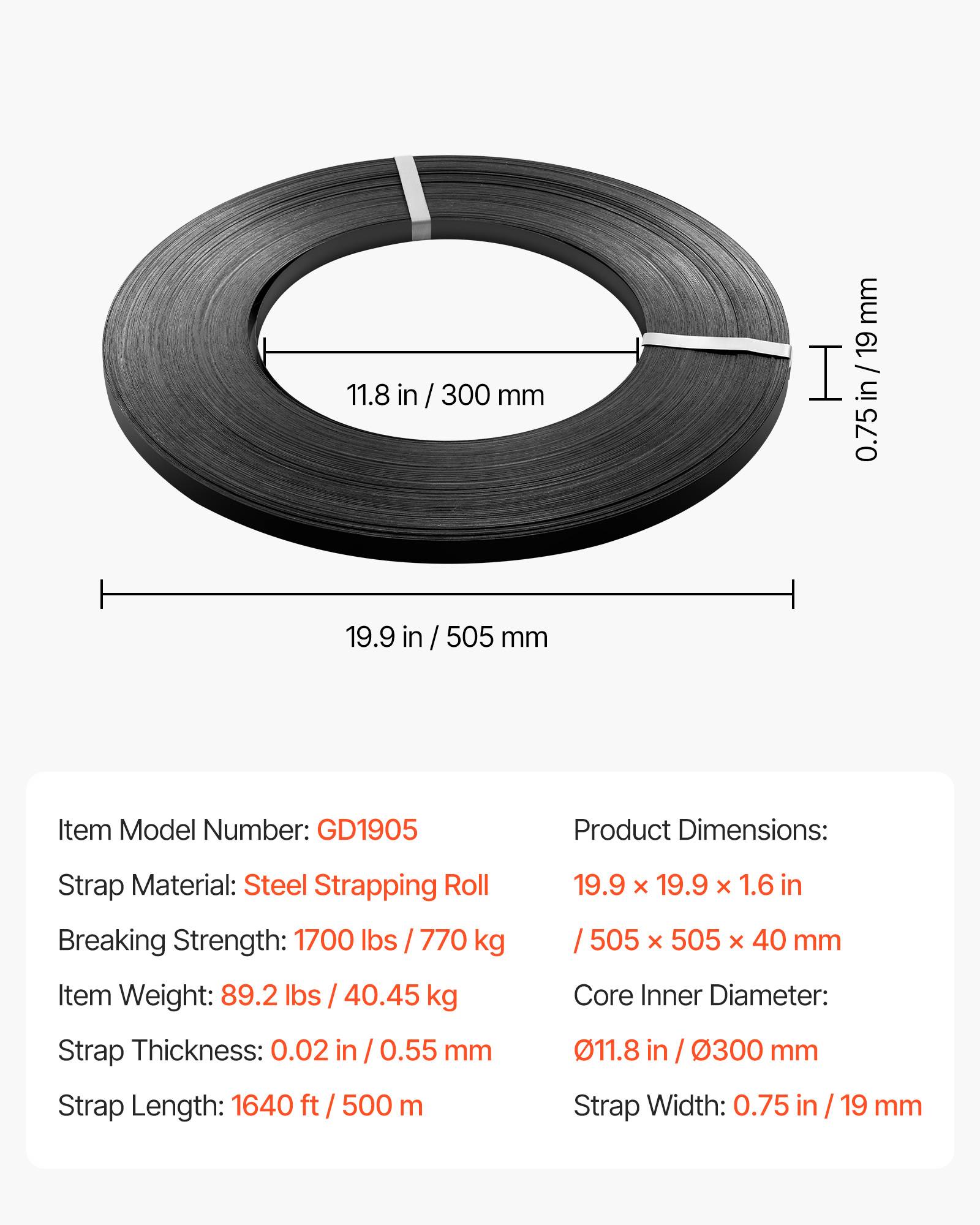 Vevor - VEVOR rouleau de cerclage en acier 19 mm x 0,55 mm x 500 m, résistance 770 kg, bobine robuste anti-rouille pour palettes et matériaux lourds. - Image 6