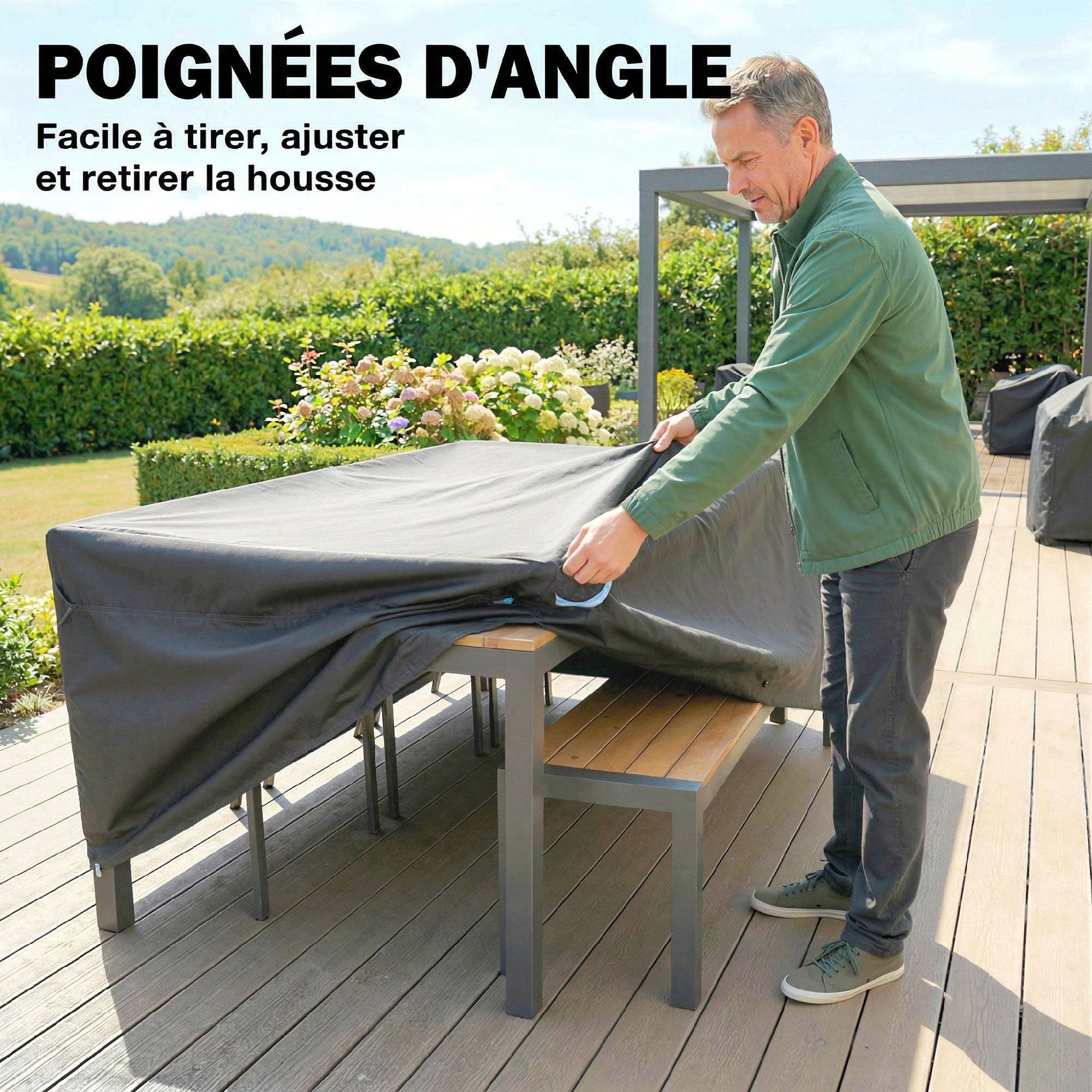 Housse Salon de Jardin Extérieure Imperméable 420D Tissu Oxford, avec Évent et Sac de Rangement, 180x120x74cm, Noir - Image 9