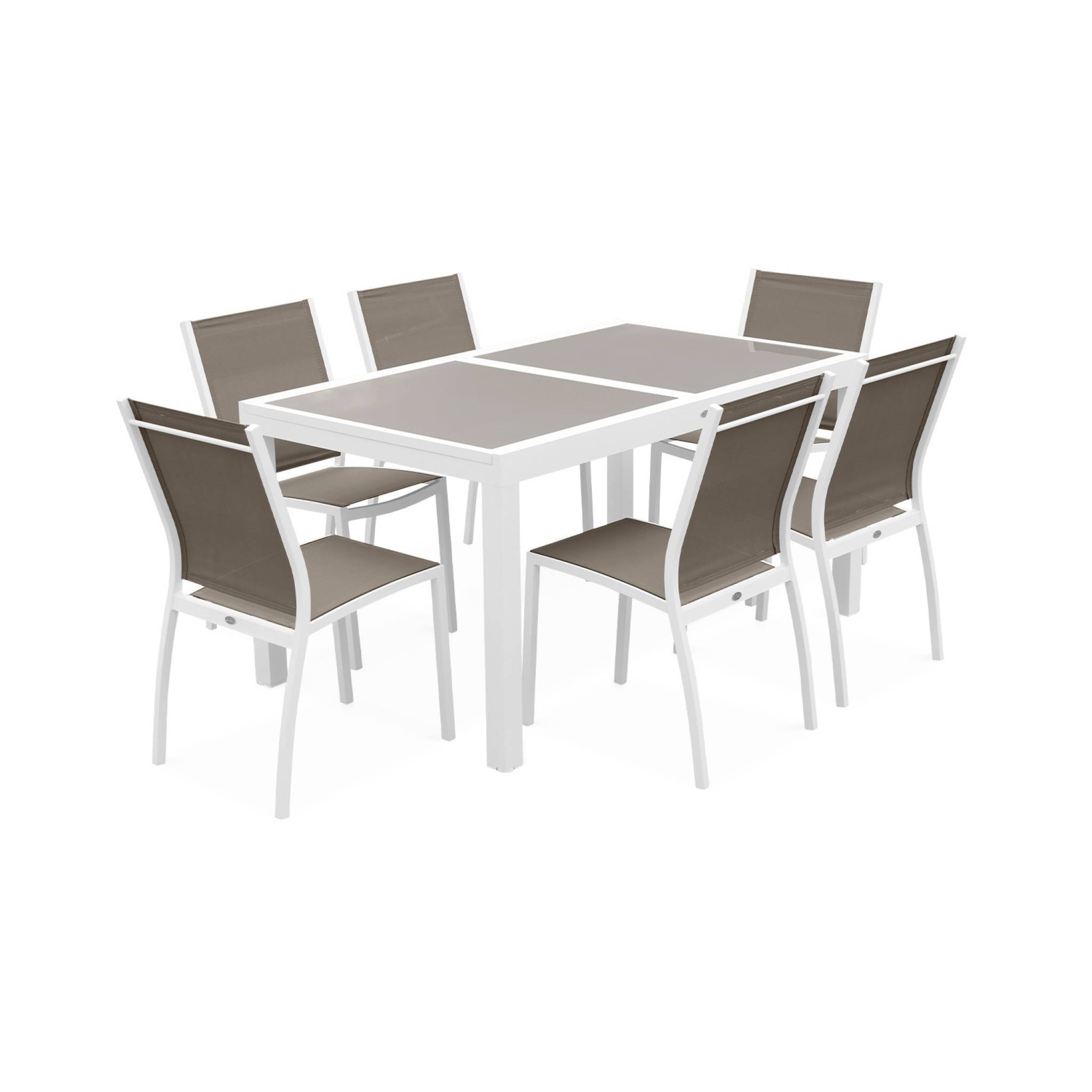 Table de jardin extensible aluminium + 6 assises - Orlando Taupe - Table en aluminium 150/210cm. plateau de verre. rallonge et 6 chaises en | sweeek - Image 3