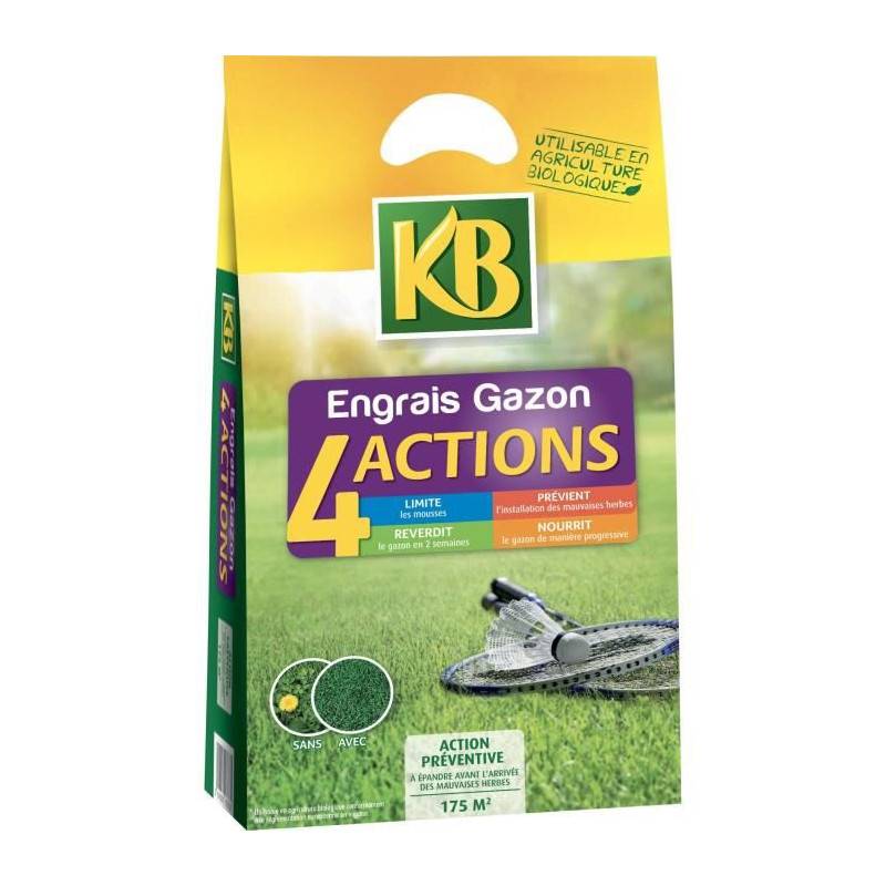 Engrais A Gazon Kb K4mp - 4 Actions - 7 Kg - Limite Les Mousses - Prévient Les Mauvaises Herbes - Surface 280m² - Image 1