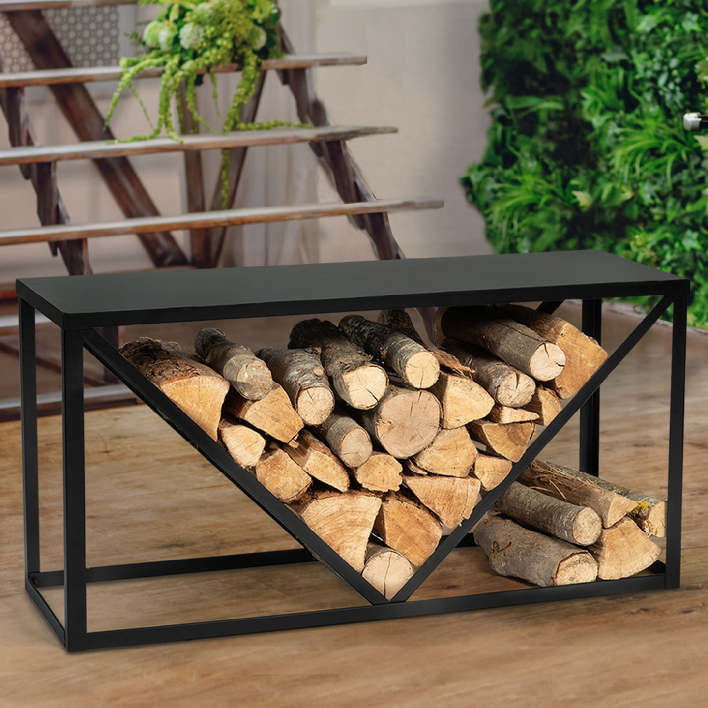IDMarket Range-Bûches Vertical Acier Noir 112 Cm – Étagère Design Avec Plateau 33×33 Cm – Stockage Bois Cheminée Intérieur Élégant & Pratique