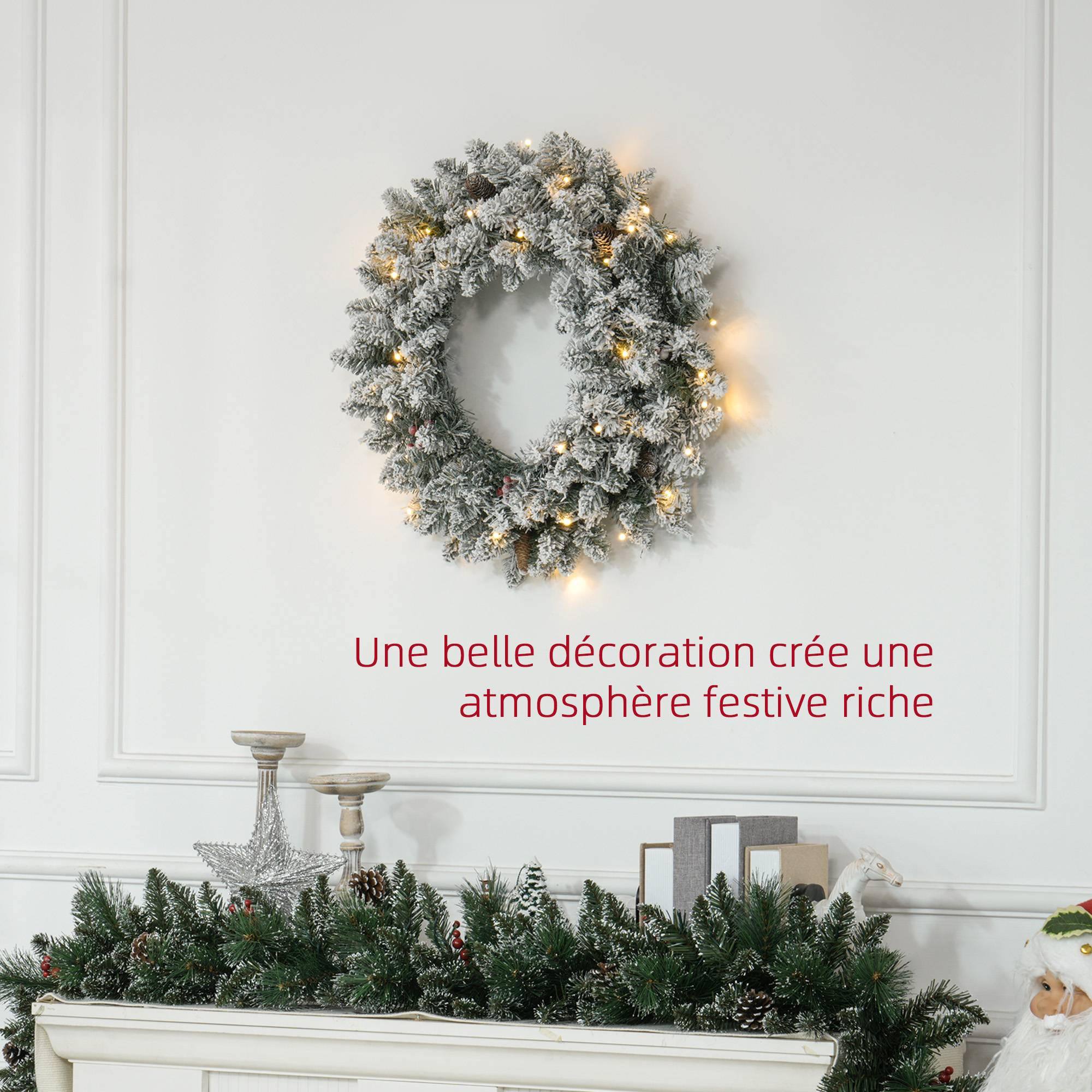 Sans Marque - Couronne de Noël porte artificielle 60 CM avec pommes de pin et grappes de baies, lumières LED et minuterie vert - Image 6