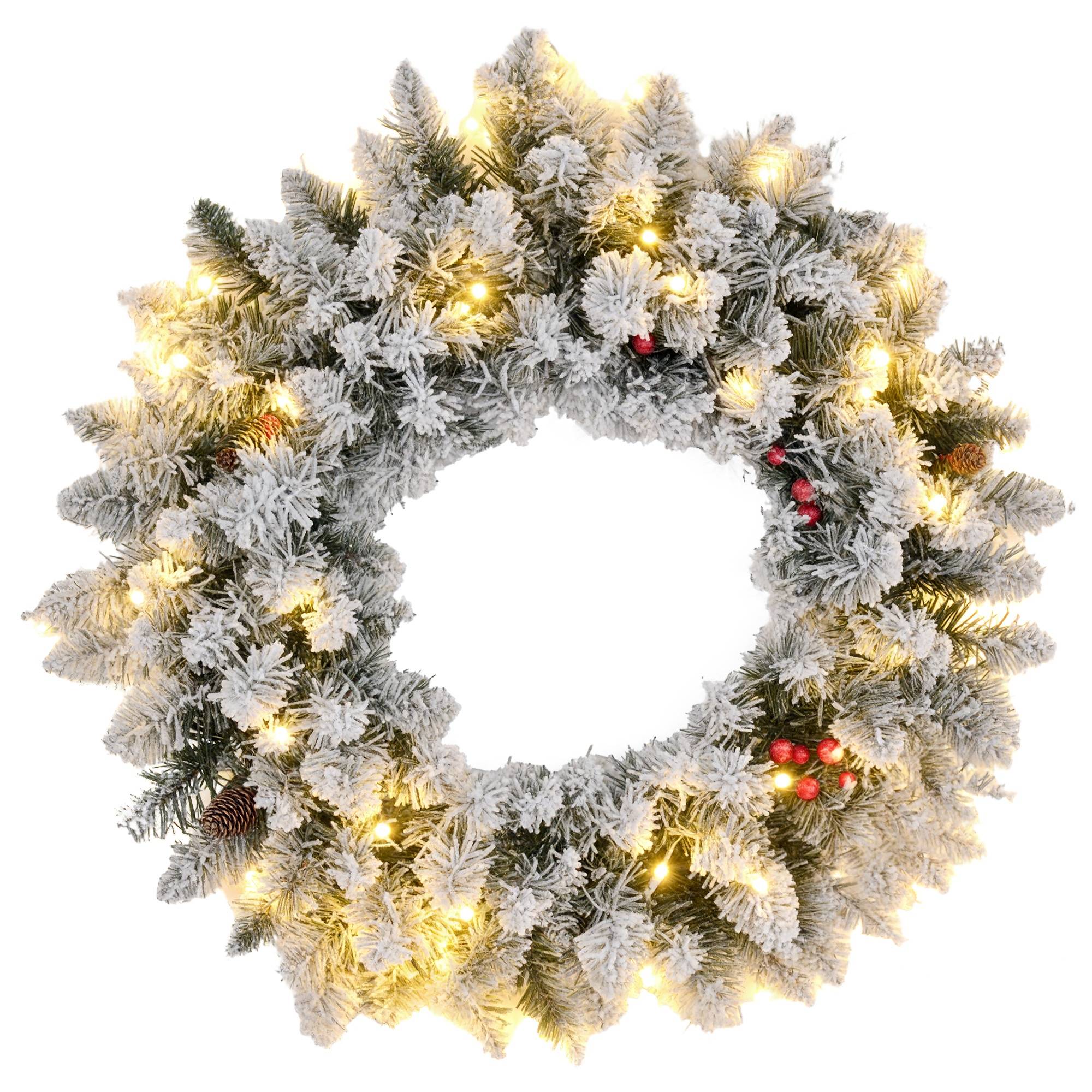 Sans Marque - Couronne de Noël porte artificielle 60 CM avec pommes de pin et grappes de baies, lumières LED et minuterie vert - Image 1