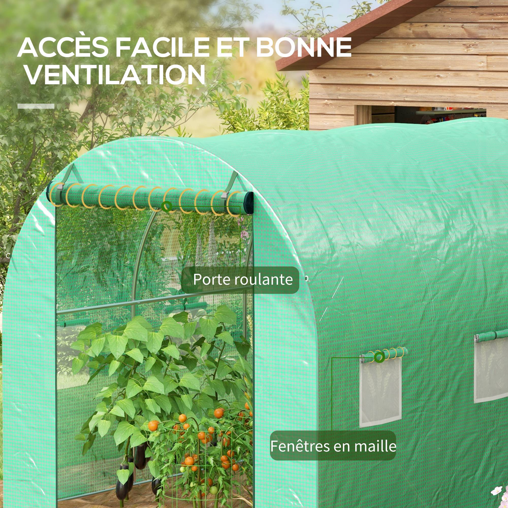 Serre de Jardin Tunnel 6 m² avec système d'arrosage intégré, 3L x 2l m 6 fenêtres Porte enroulable Vert - Image 8