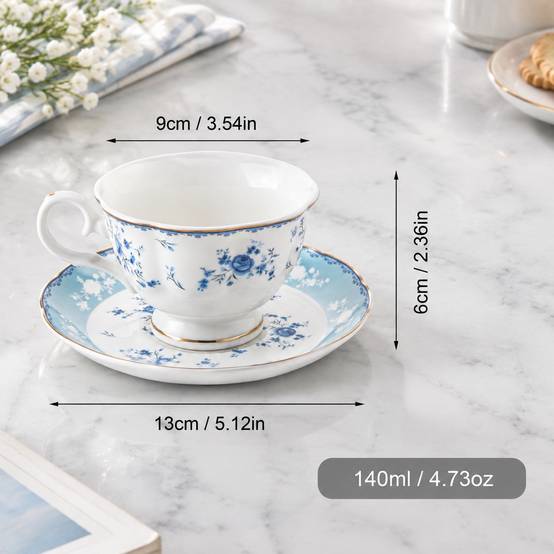 Service à Café et Thé en Porcelaine 6 Tasses et Soucoupes Décor Fleurs Bleues Élégant - Image 6
