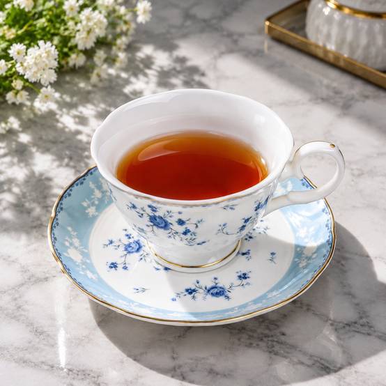 Service à Café et Thé en Porcelaine 6 Tasses et Soucoupes Décor Fleurs Bleues Élégant - Image 4