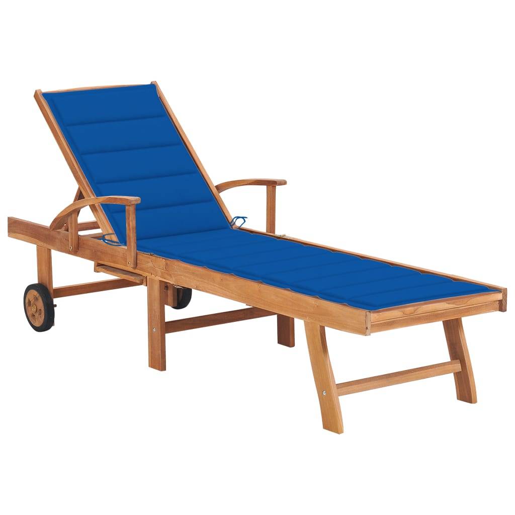Helloshop26 - Transat chaise longue bain de soleil lit de jardin terrasse meuble d'extérieur 195 cm avec coussin bleu royal bois de teck solide - Image 1