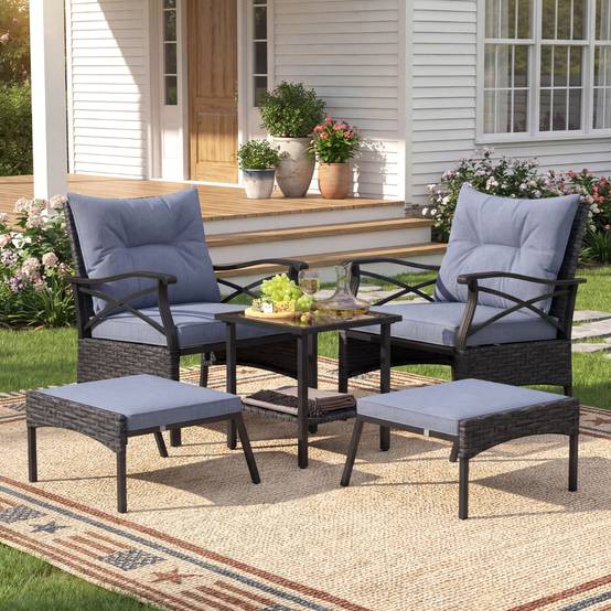 Ensemble de Meubles de Patio 5 Pièces Salon de Jardin en Rotin - 2 Chaises 2 Poufs et Table Basse Gris MAISON CHIC - Image 2