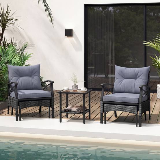 Ensemble de Meubles de Patio 5 Pièces Salon de Jardin en Rotin - 2 Chaises 2 Poufs et Table Basse Gris MAISON CHIC - Image 3