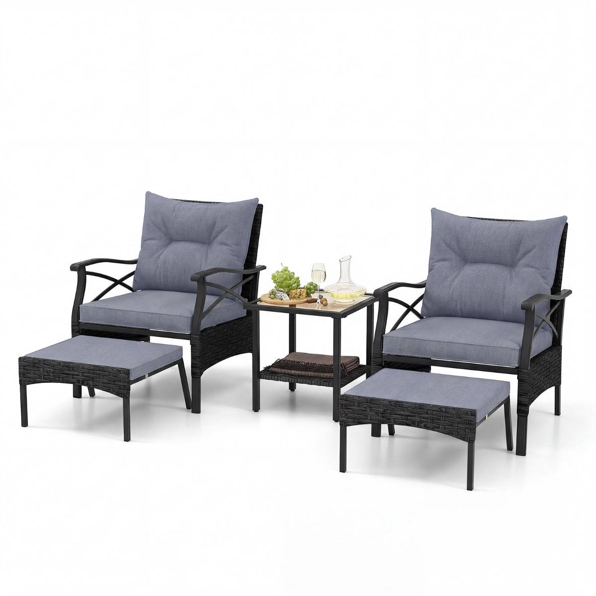 Ensemble de Meubles de Patio 5 Pièces Salon de Jardin en Rotin - 2 Chaises 2 Poufs et Table Basse Gris MAISON CHIC - Image 1