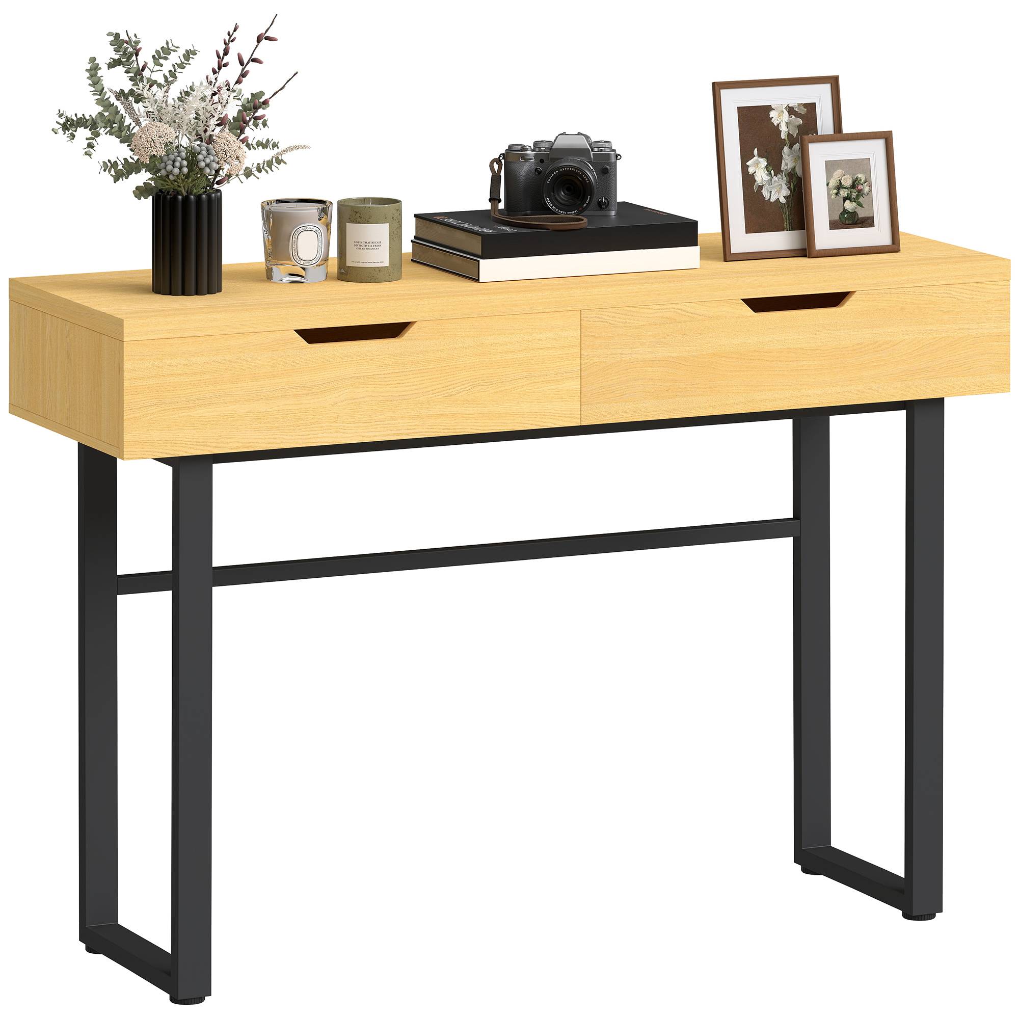 Console meuble 110 cm, table console étroite avec 2 tiroirs, cadre en métal et design sans poignées, bois naturel