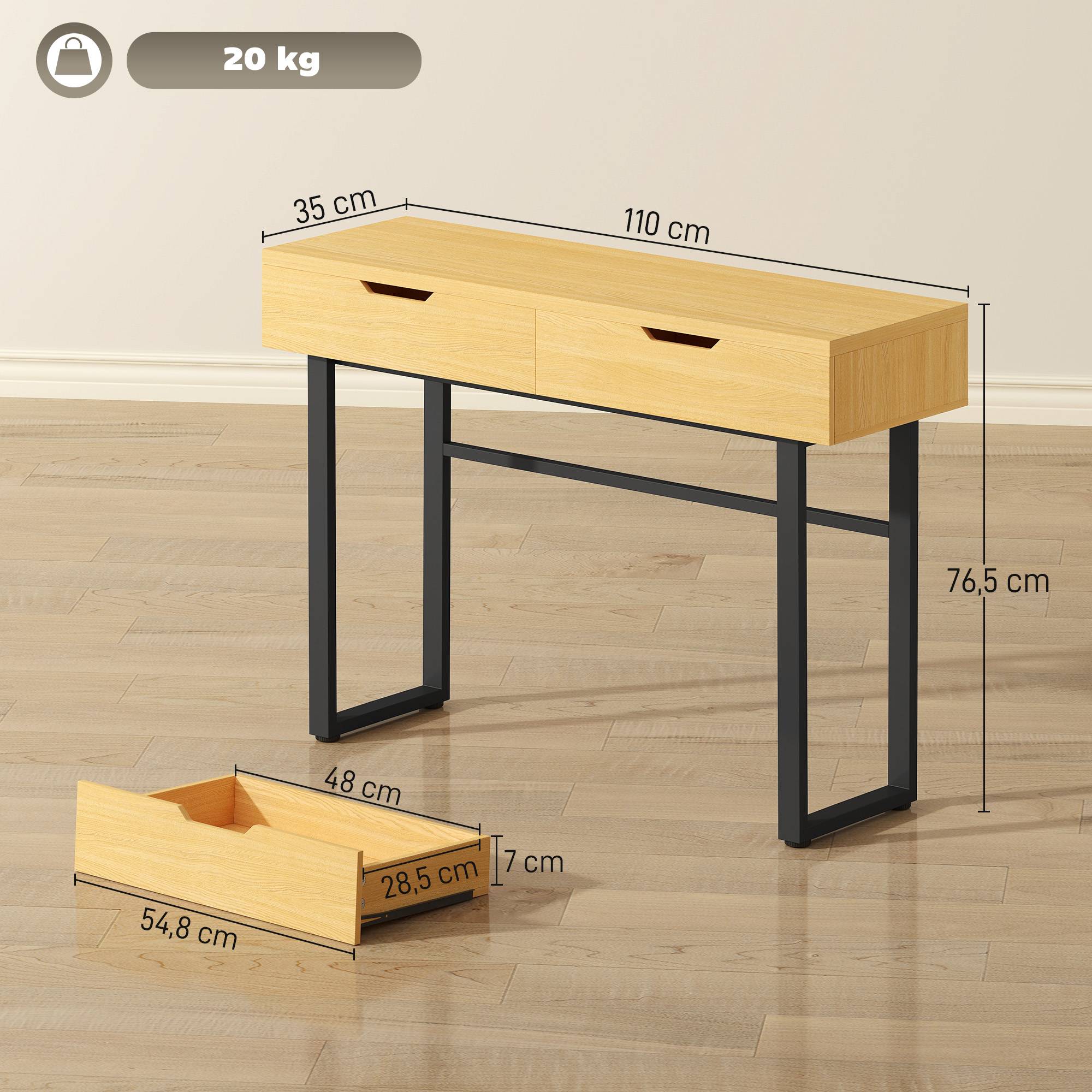 Console meuble 110 cm, table console étroite avec 2 tiroirs, cadre en métal et design sans poignées, bois naturel - Image 5