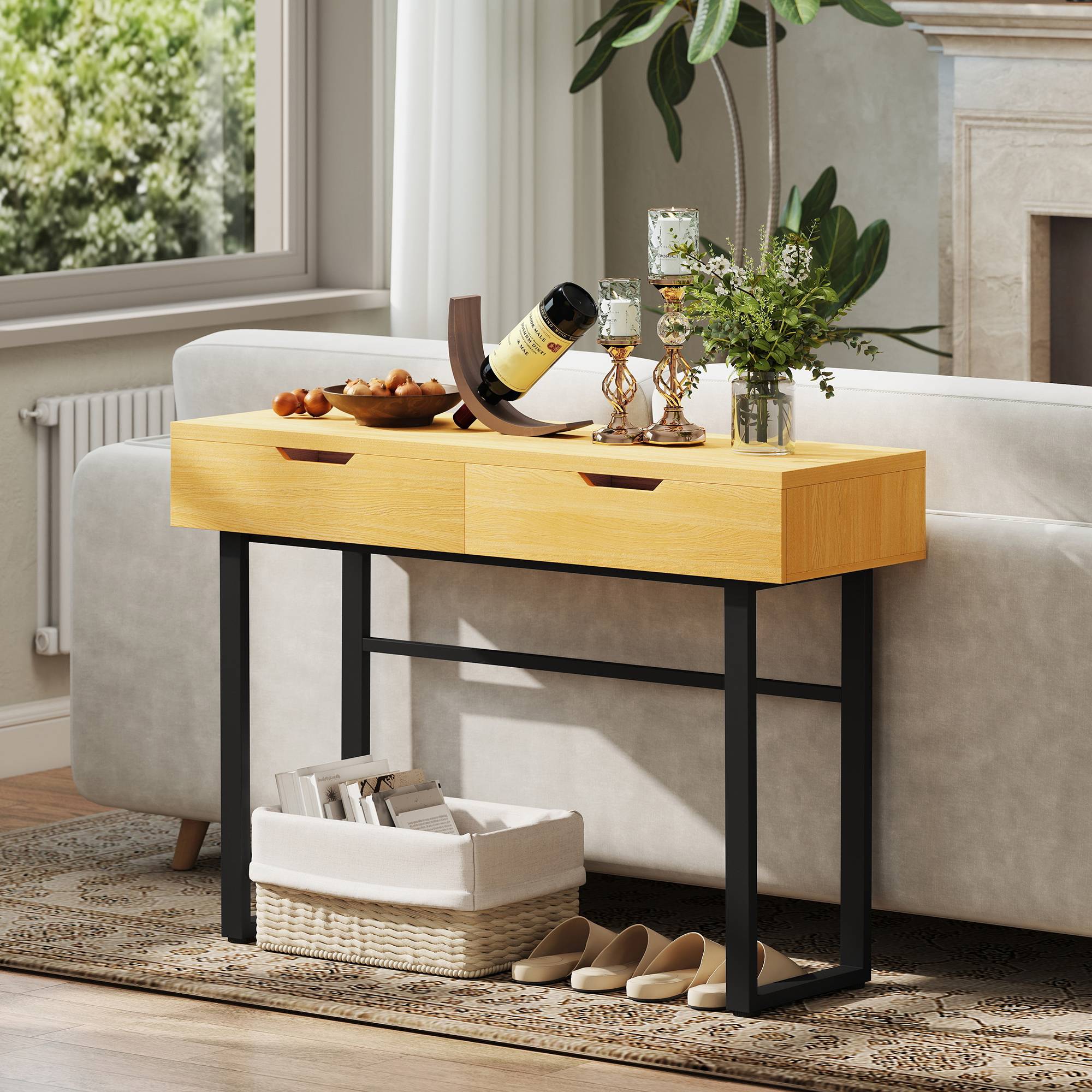 Console meuble 110 cm, table console étroite avec 2 tiroirs, cadre en métal et design sans poignées, bois naturel - Image 10