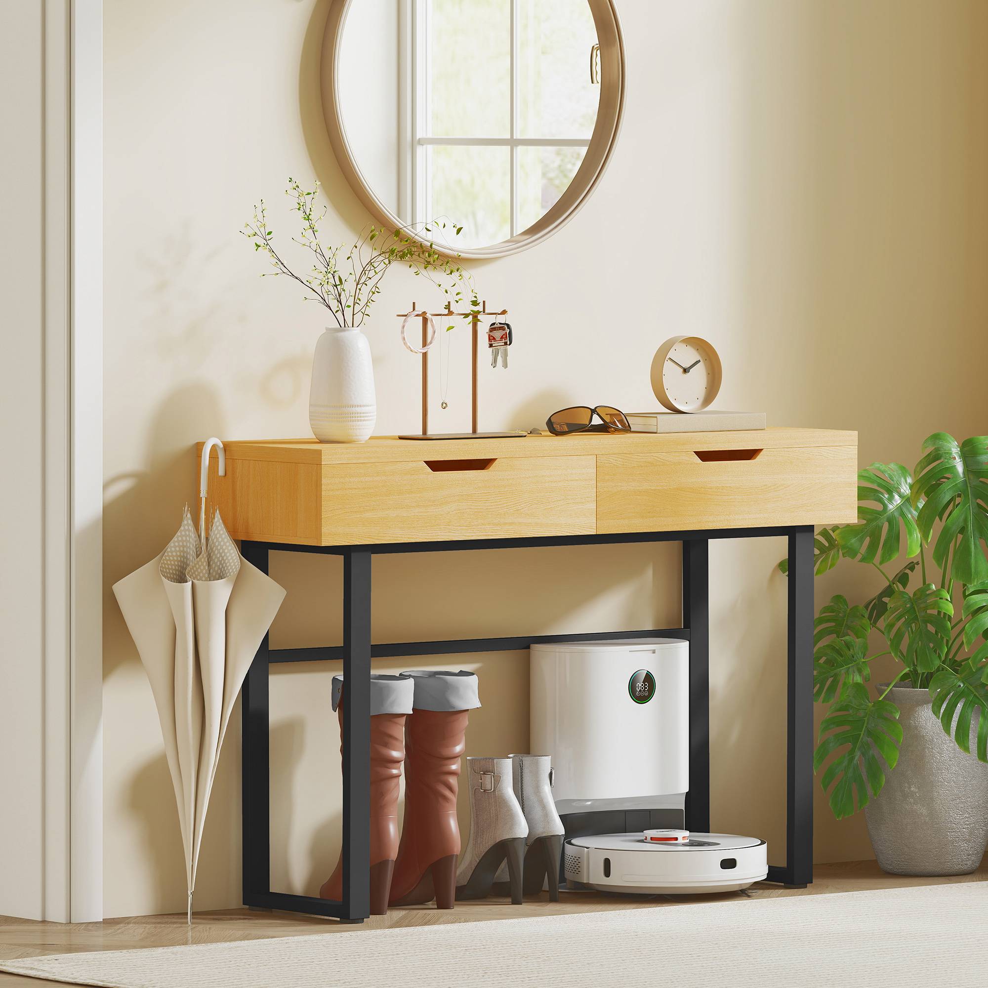 Console meuble 110 cm, table console étroite avec 2 tiroirs, cadre en métal et design sans poignées, bois naturel - Image 4