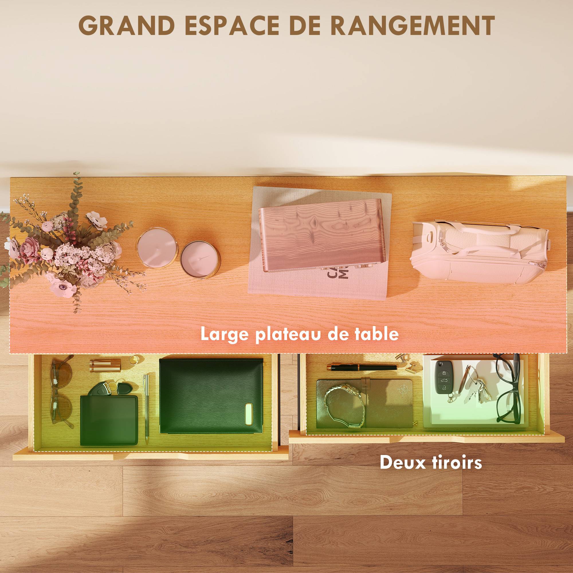 Console meuble 110 cm, table console étroite avec 2 tiroirs, cadre en métal et design sans poignées, bois naturel - Image 7