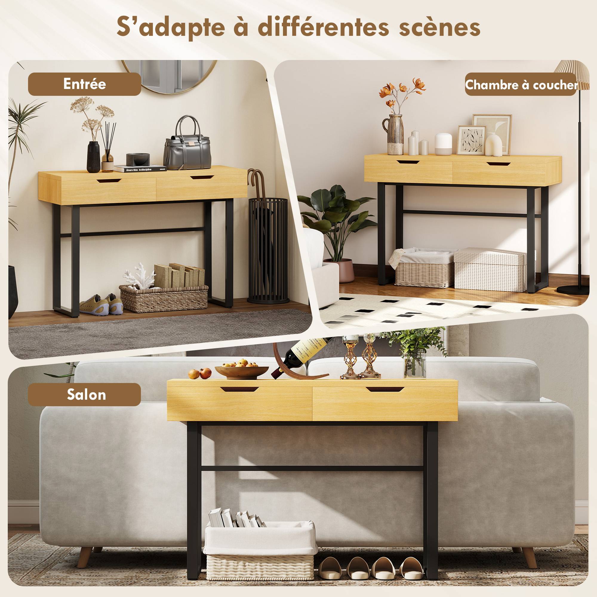 Console meuble 110 cm, table console étroite avec 2 tiroirs, cadre en métal et design sans poignées, bois naturel - Image 8