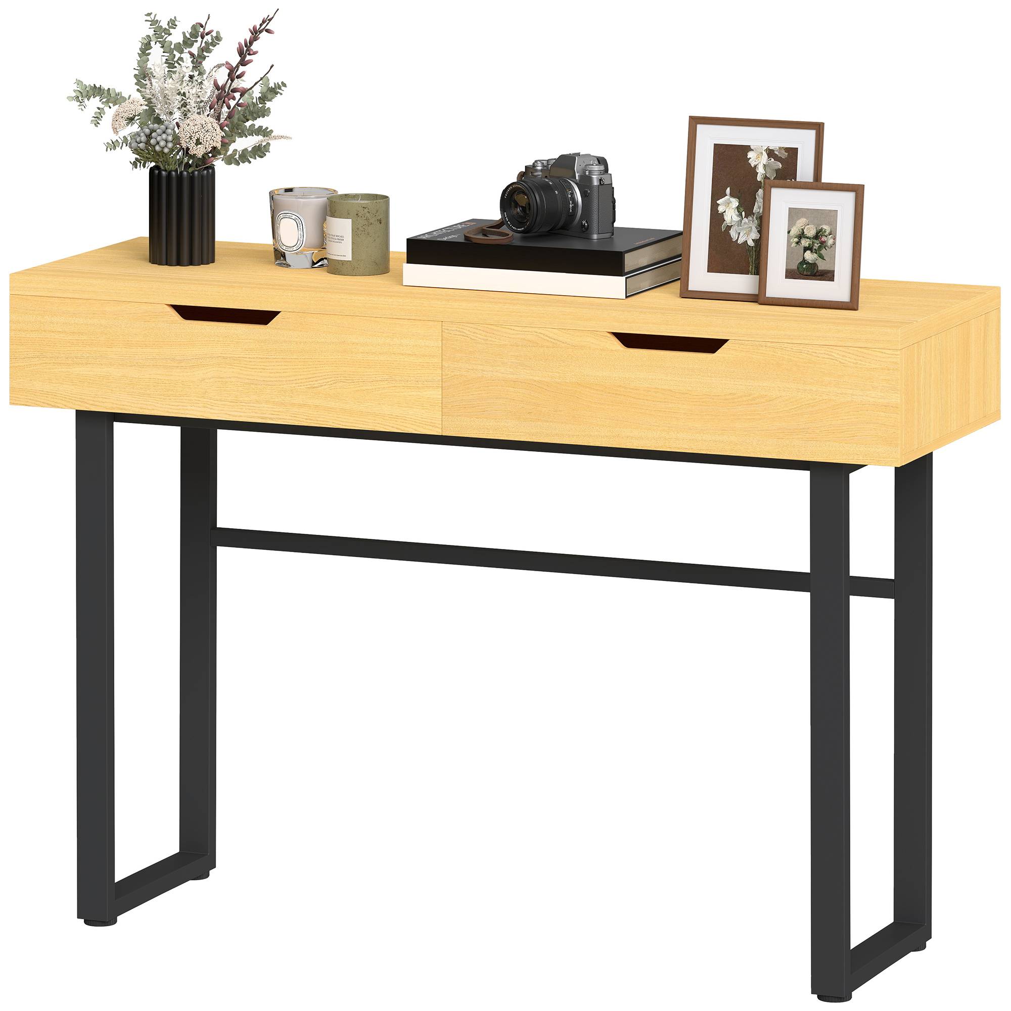 Console meuble 110 cm, table console étroite avec 2 tiroirs, cadre en métal et design sans poignées, bois naturel - Image 2