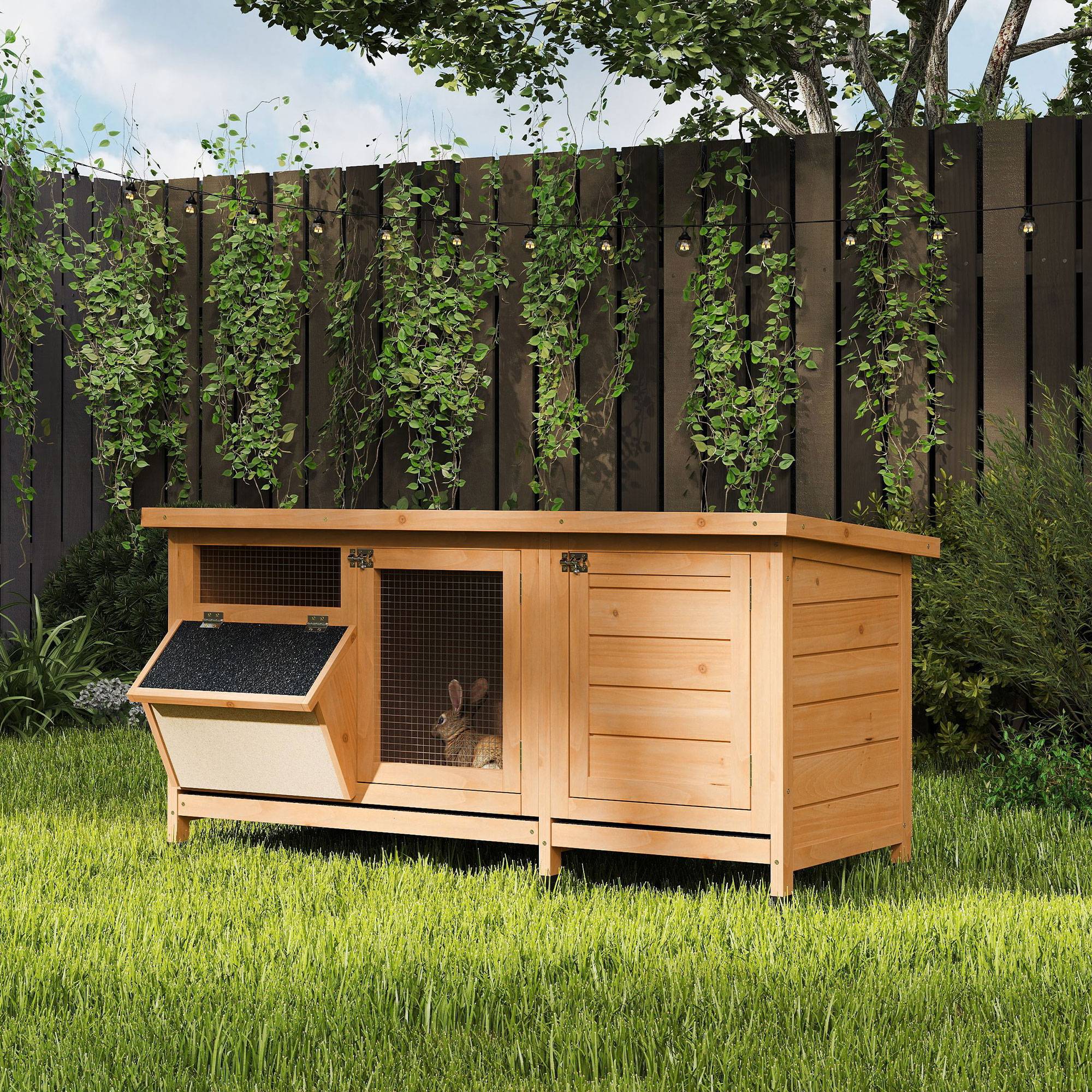 Clapier Extérieur en Bois avec Mangeoire Intégrée Toit Ouvrant 112cm Jaune - ComfortXL Outdoor Living - Image 4