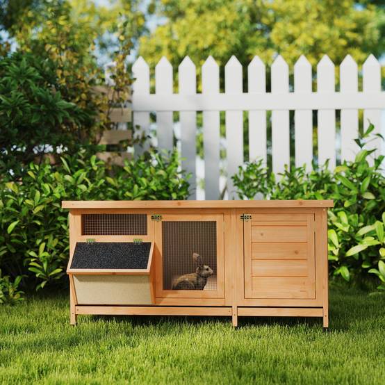 Clapier Extérieur en Bois avec Mangeoire Intégrée Toit Ouvrant 112cm Jaune - ComfortXL Outdoor Living - Image 3