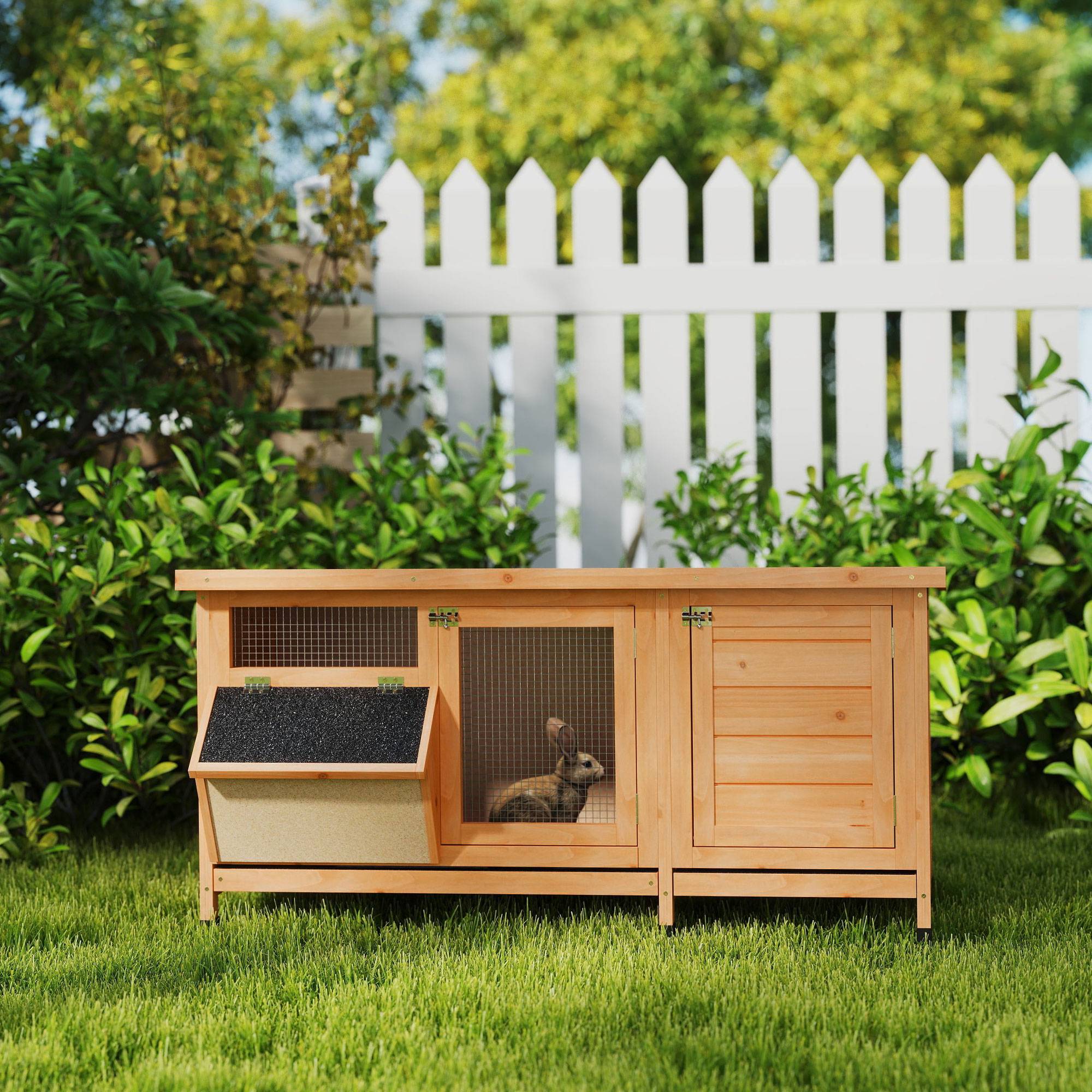 Clapier Extérieur en Bois avec Mangeoire Intégrée Toit Ouvrant 112cm Jaune - ComfortXL Outdoor Living - Image 3