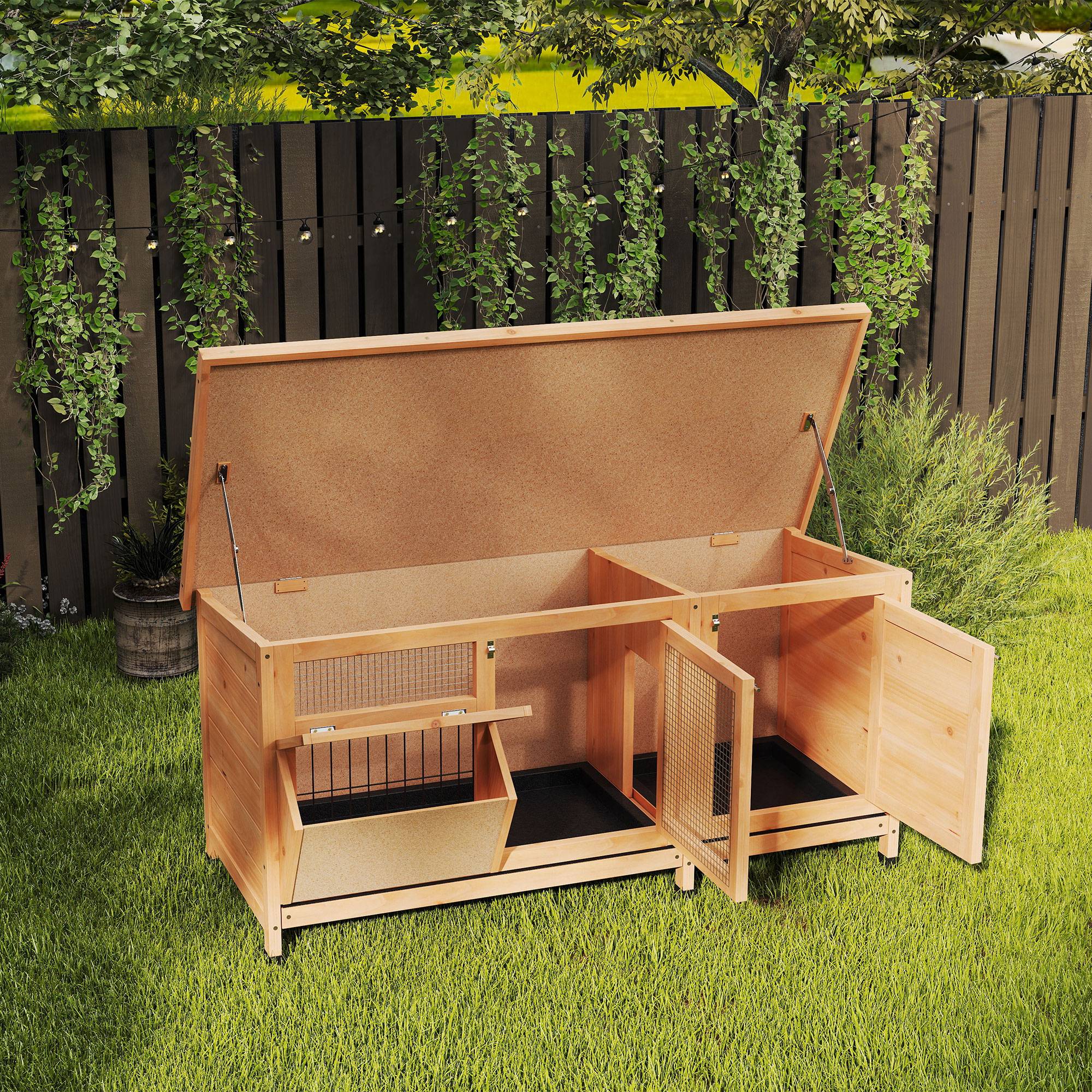 Clapier Extérieur en Bois avec Mangeoire Intégrée Toit Ouvrant 112cm Jaune - ComfortXL Outdoor Living - Image 10