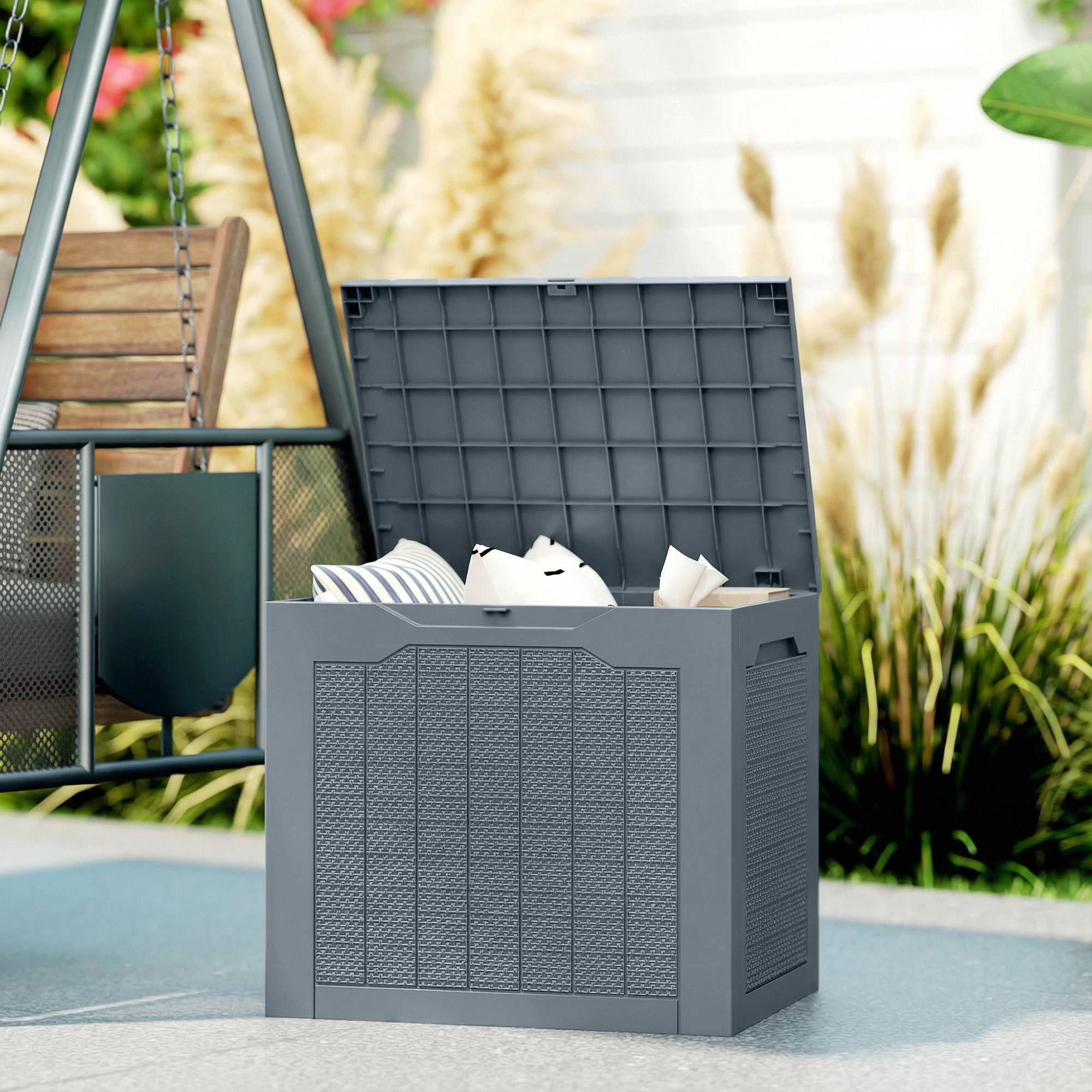 Coffre de Rangement Extérieur 97L avec Poignées Encastrées, Malle de Rangement Extérieur Étanche, 56x41x50cm, Gris Clair - Image 3