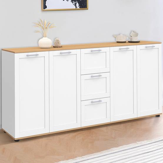 Buffet 180 cm VITO XXL 4 portes avec 3 tiroirs bois et blanc - Image 1