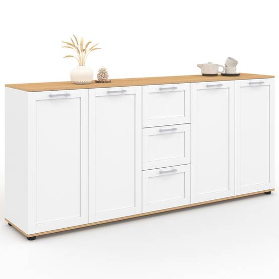Buffet 180 cm VITO XXL 4 portes avec 3 tiroirs bois et blanc - Image 2