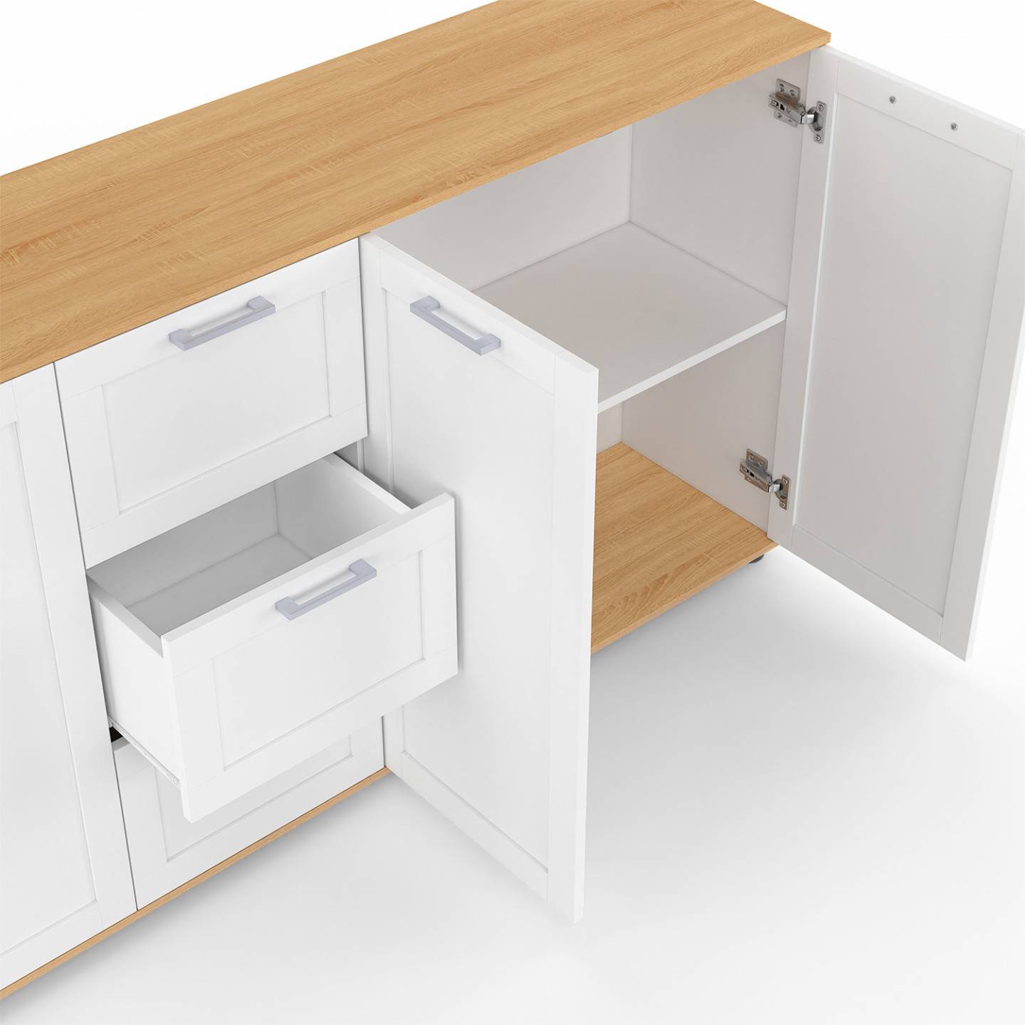 Buffet 180 cm VITO XXL 4 portes avec 3 tiroirs bois et blanc - Image 6