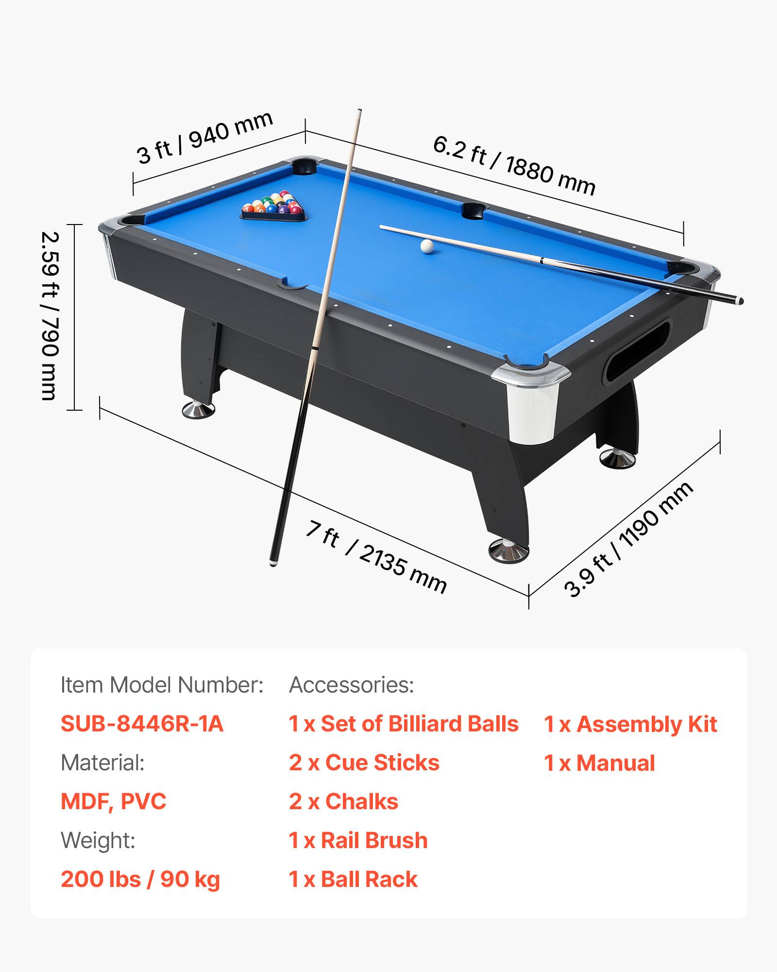 Vevor - VEVOR Table de billard 2135 mm pour salle de jeux familiale noir et tissu bleu - Image 7