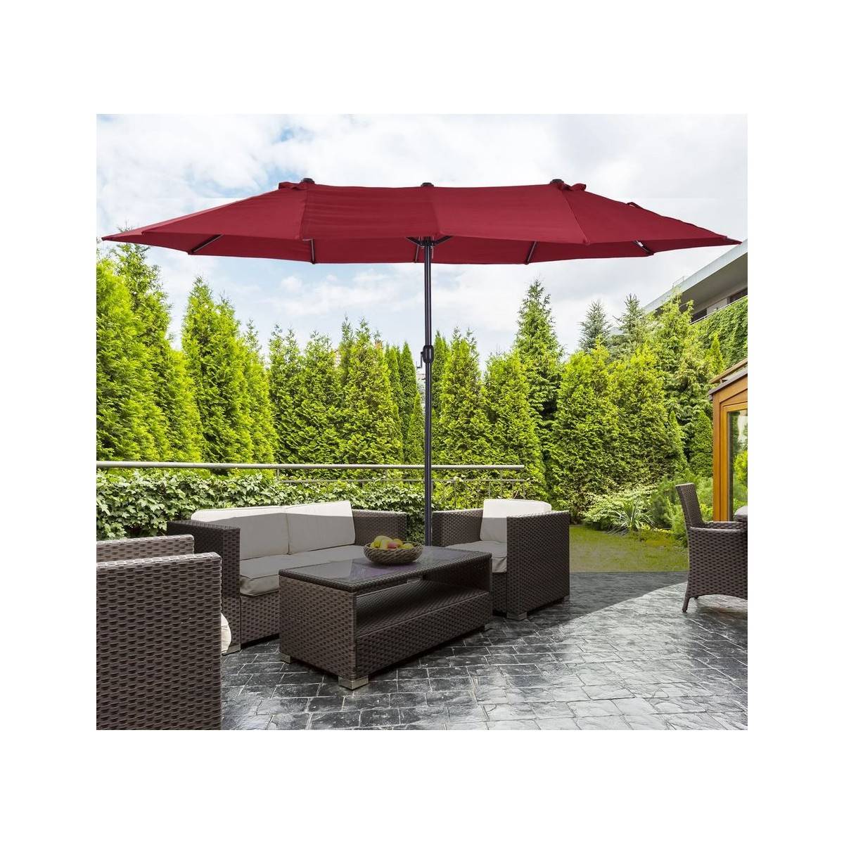 Parasol de terrasse double Rouge Bordeaux 4.50 x 2.65 x H 2.40 Toile polyester TWIN KZ GARDEN - Image 2