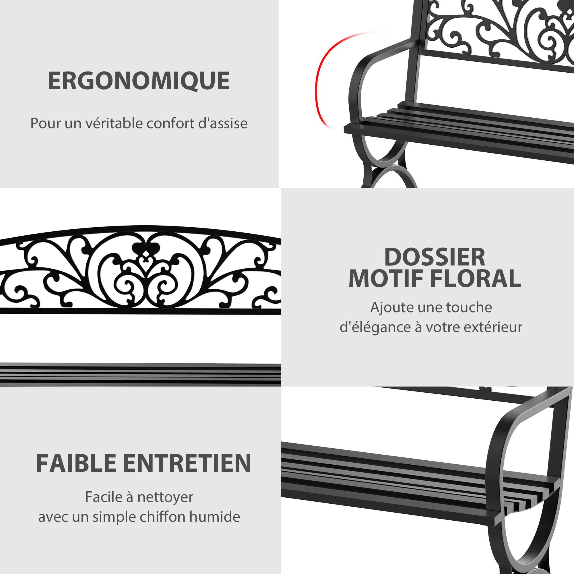 Banc de jardin terrasse en acier fonte noir 3 places 127 x 60 x 85 cm charge max 240 Kg - Image 7