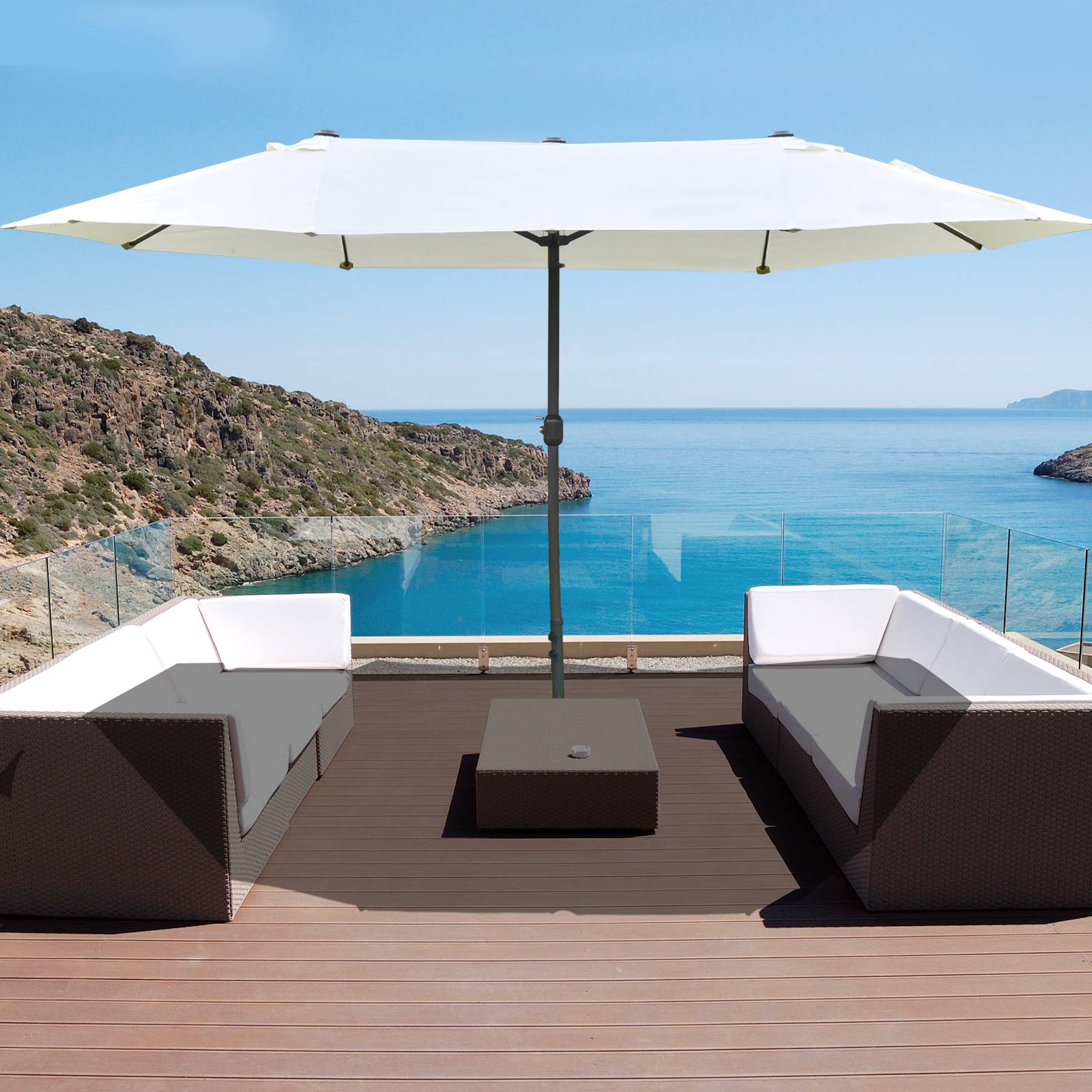 Parasol double à 12 baleines avec base en croix et manivelle, en acier et polyester, 455x265x238 cm, beige - Image 4