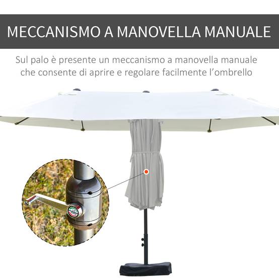 Parasol double à 12 baleines avec base en croix et manivelle, en acier et polyester, 455x265x238 cm, beige - Image 8