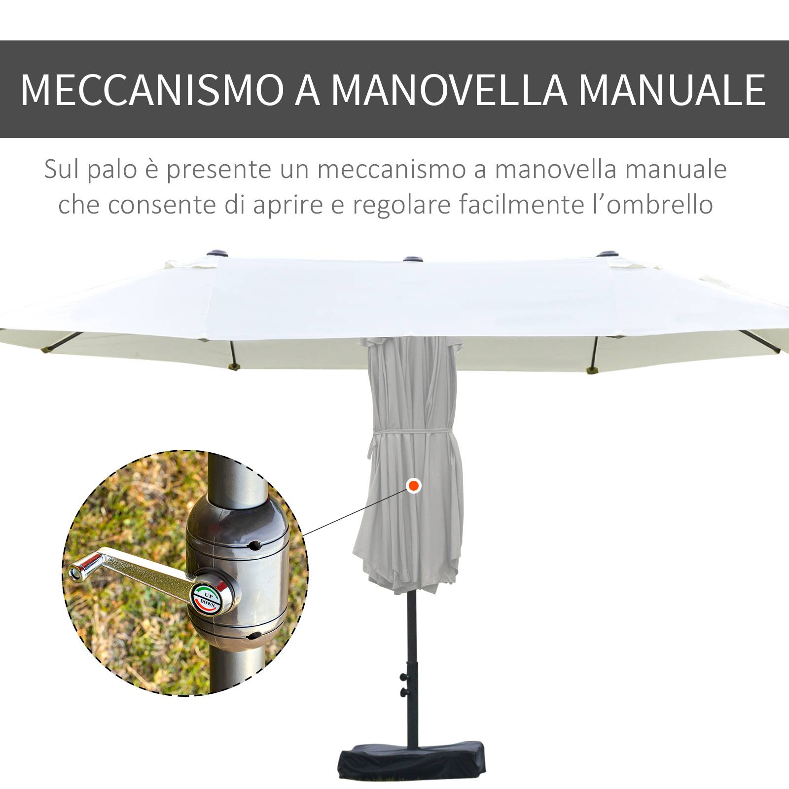Parasol double à 12 baleines avec base en croix et manivelle, en acier et polyester, 455x265x238 cm, beige - Image 8