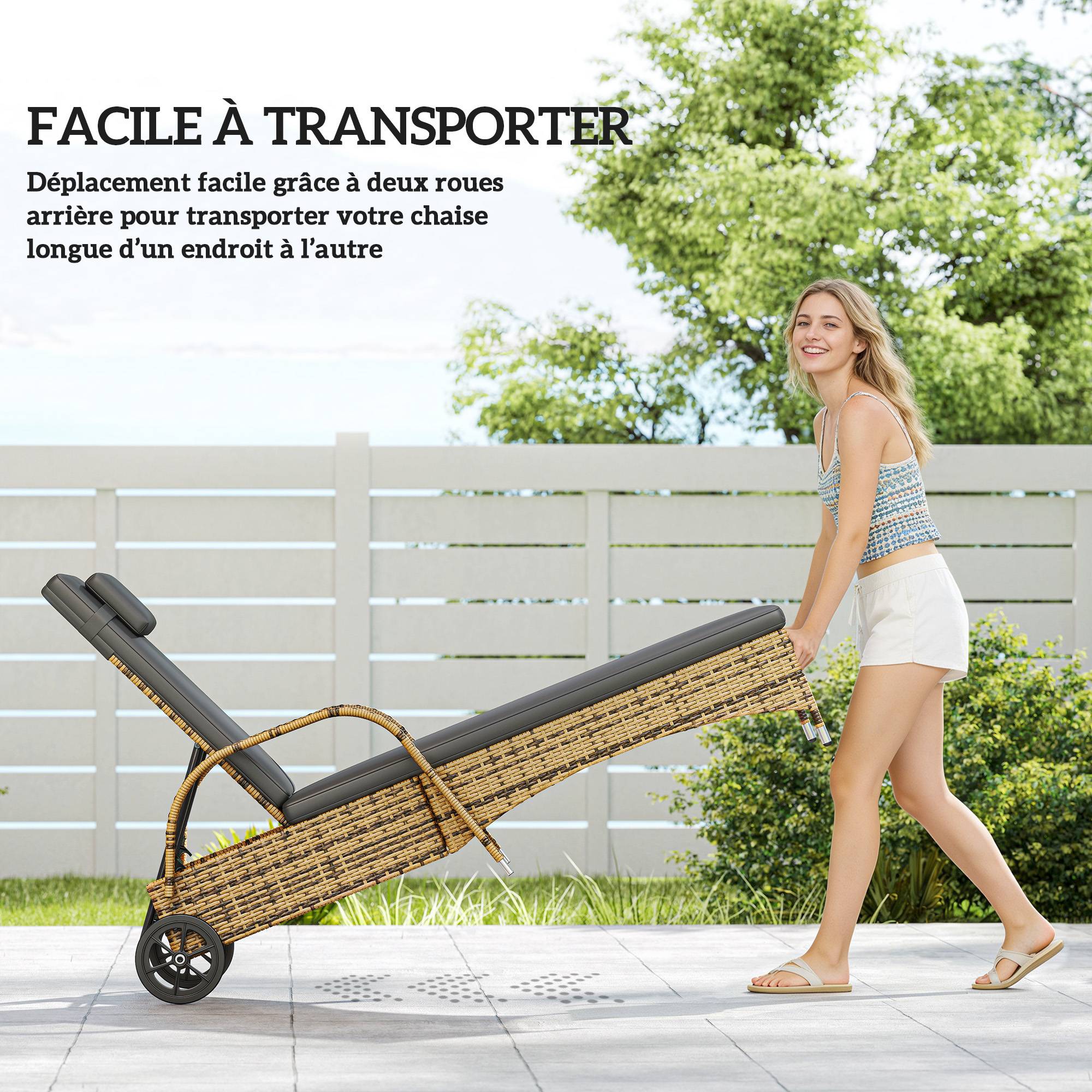 Transat bain de soleil matelas inclinaison réglable multipositions accoudoirs roulettes 200 x 73 x 30-103 cm jaune - Image 9